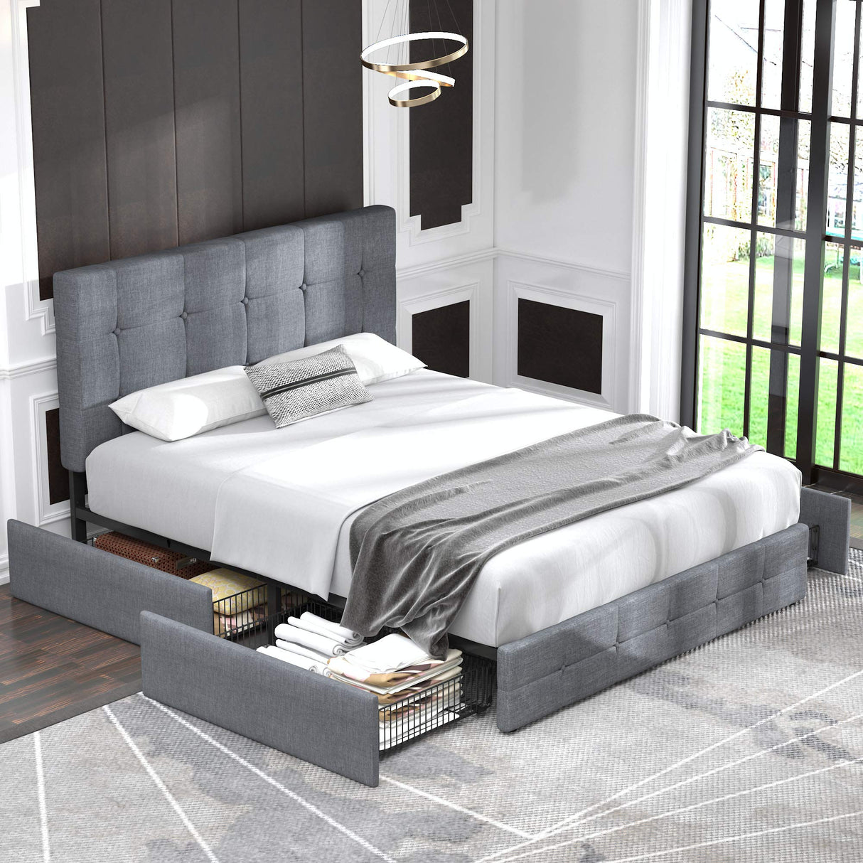Allewie Upholstered Queen Size Platform Bed Frame with 4 Storage Drawers and Headboard, Square Stitched Button Tufted, Mattress Foundation with Wooden Slats Support, No Box Spring Needed, Light Grey Allewie