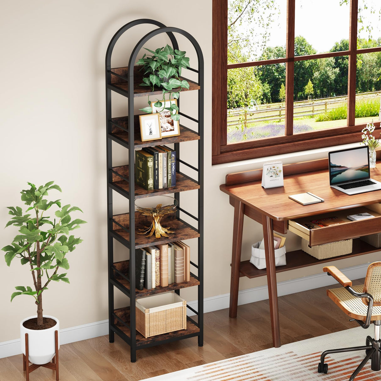 78.7" Industrial Wood 6-Tier Arched Bookshelf with Metal Frame in Rustic Brown Tribesigns