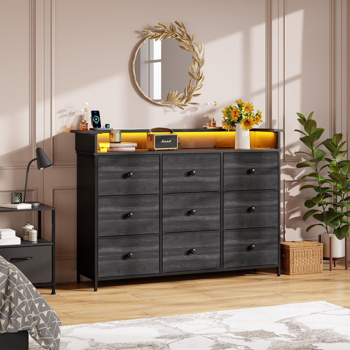 Nicehill Balck Dresser for Bedroom,9 Drawer Fabric Dresser with LED Light,TV Stand for Bedroom with Charging Station,Chests of Drawers for Living Room Hallway,Closet(Black Wood Grain Nicehill