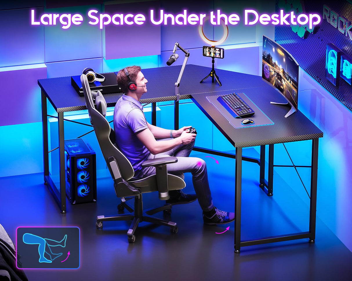 Casaottima 51 Inch L Shaped Gaming Desk, Compact Corner Computer Table, Writing Workstation for Small Spaces, Home Office & Streaming Setup, Easy Assembly, Carbon Fiber Surface, Pure Black Casaottima