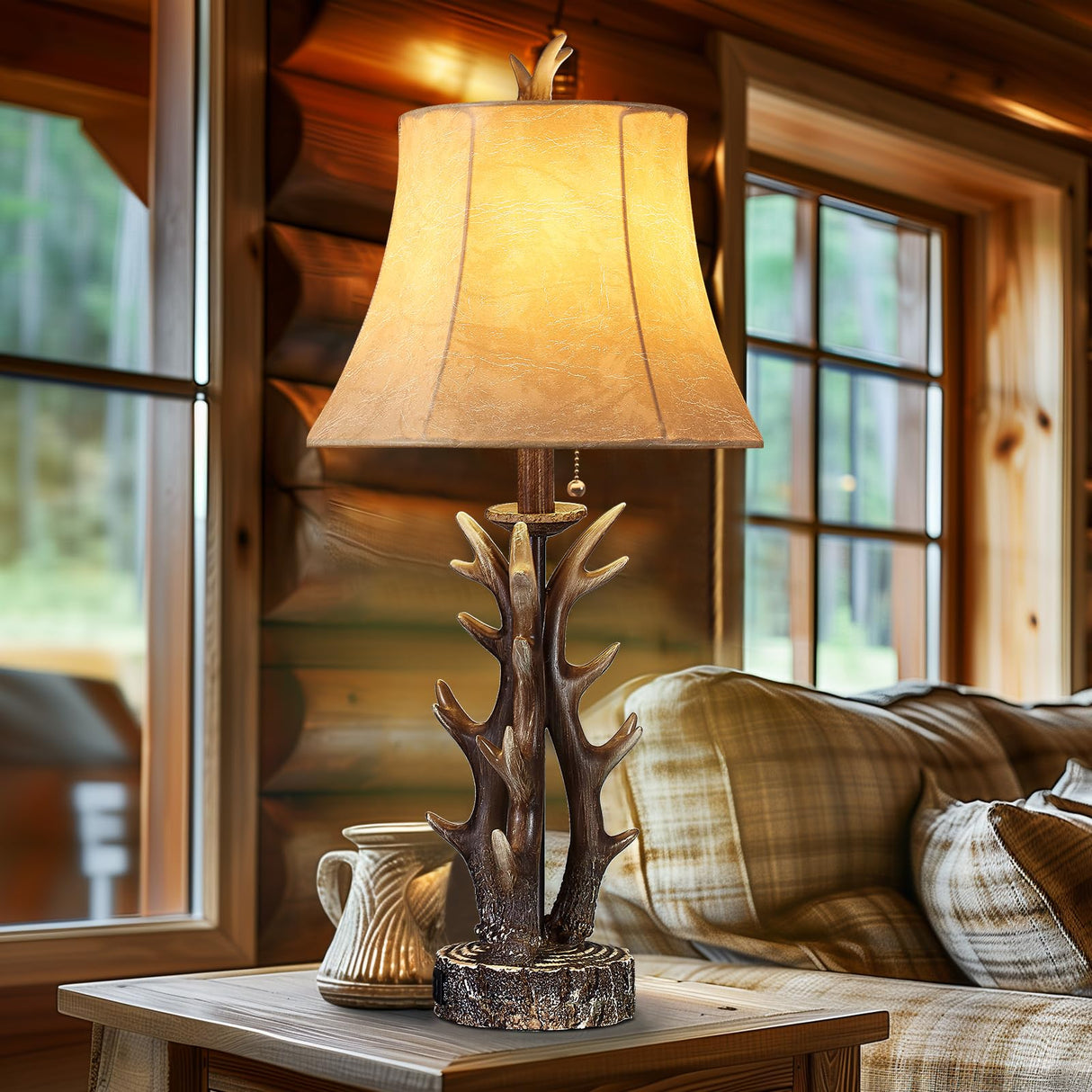 Antler Table Lamps Set of 2 with USB A+C Ports 28" Tall Rustic Farmhouse Deer Bedside Lamps with Faux Leather Bell Shade for Bedroom Living Room Office Decor Western Cabin End Table Lamp, Pull Chain BOOUCUU