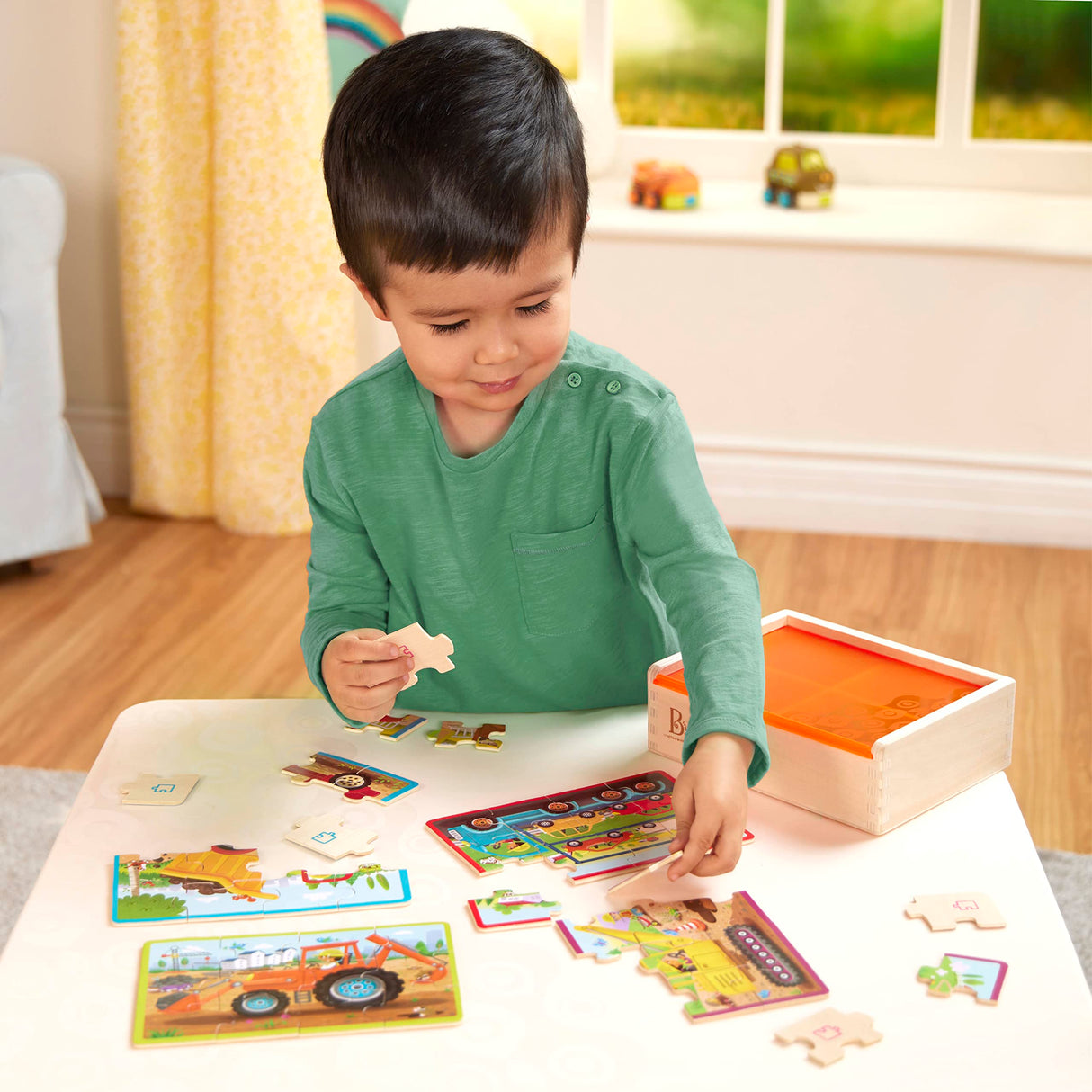 B. toys- Pack o' Puzzles - Trucks- Wooden Puzzle Set – 4 Truck Puzzles – Car Carrier, Loader, Excavator, Dump Truck – 12-Piece Jigsaw Puzzles for Kids – 3 Years + B. toys