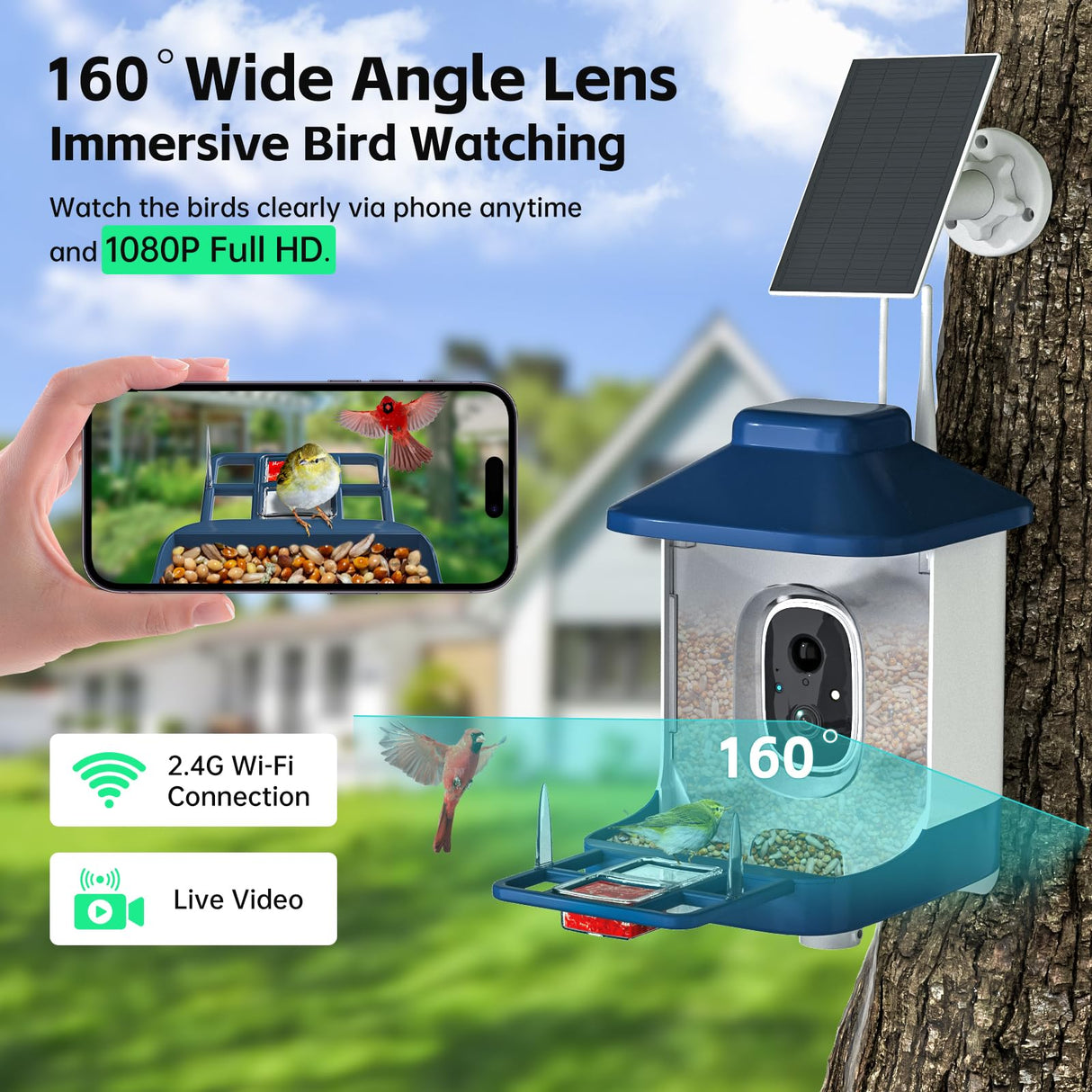 Smart Bird Feeder with Camera, 1 Year AI Camera Bird Feeders for Outdoors, Solar Powered, 2.4Ghz WiFi, 1080p Live Video Bird Feeder Camera, Nstant Arrival Alerts - Best Gifts for Bird Lovers NAVFS