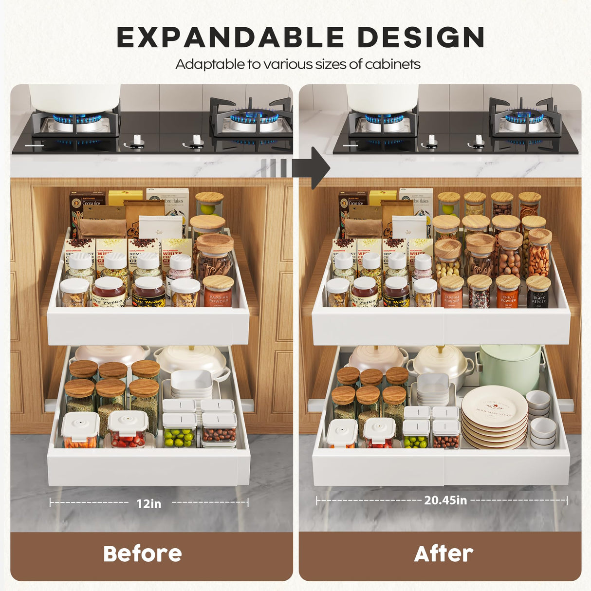 Seinloes 2 Pack Pull Out Cabinet Organizers 21"Deep With Raising Pad for Framed Cabinets,Expandable Slide Out Drawers Upgrade 3 Slide Rails,Roll Out Shelves Adhesive,Adjustable Width 12"-20.45" White Seinloes