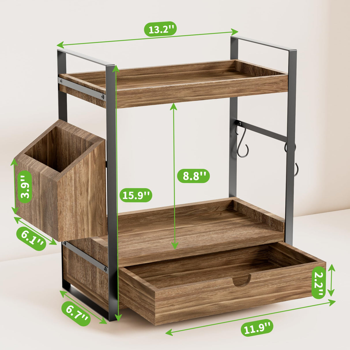 Aollewoiti 2-Tier Bathroom Counter Organizer with Drawer and Basket, Wood Countertop Organizer for Storage, Skincare Organizers for Vanity, Counter Shelf for Bathroom Organization(Dark Brown) Aollewoiti