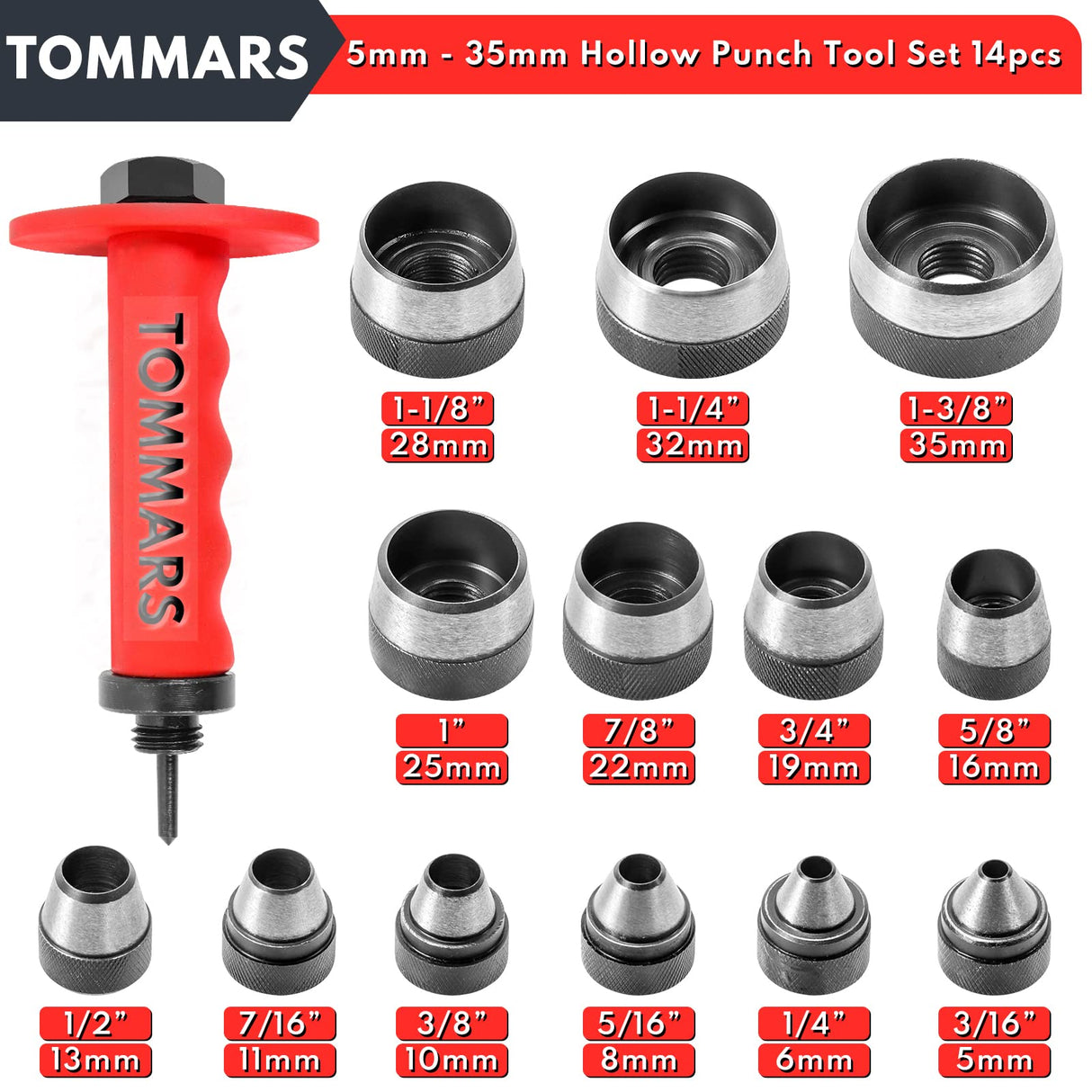 TOMMARS Hollow Punch Kit with Pin Point Punch Shaft Hole Cutter Set Gasket Punch Tools Gasket Cutter 14 PCS 5mm-35mm 3/16" to 1-3/8" TOMMARS