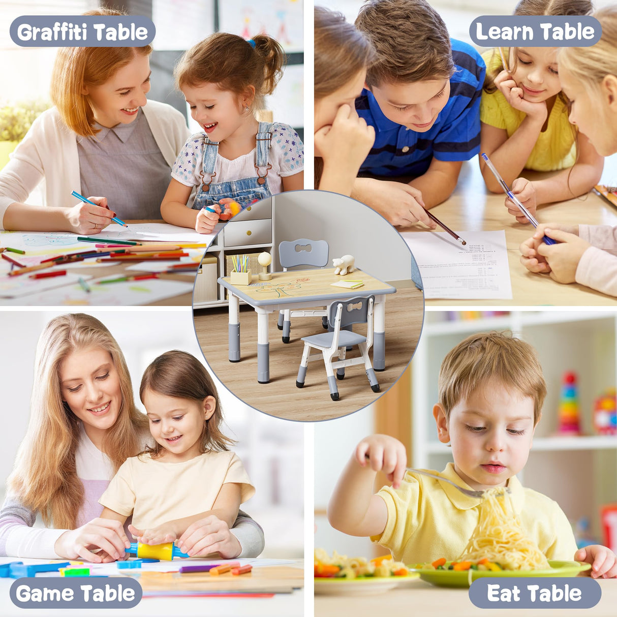 Brelley Kids Table and 2 Chairs Set, Height Adjustable Toddler Table and Chair Set, Graffiti Desktop, Classroom/Daycare/Home, Children Multi-Activity Table for Ages 2-8 Brelley