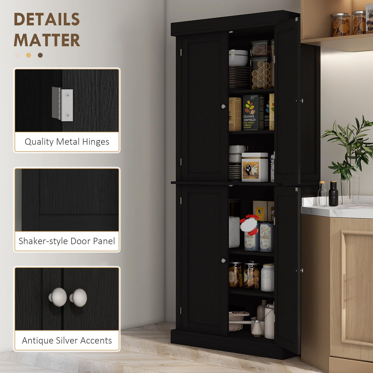 HOMCOM 72.5" Freestanding Kitchen Pantry Cabinet, Tall Storage Cabinet with 4 Doors and 2 Adjustable Shelves for Dining Room, Black Wood Grain HOMCOM