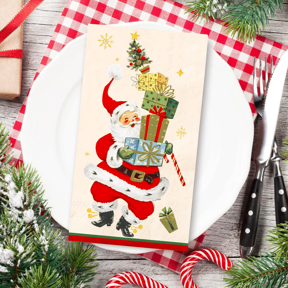 JarThenaAMCS 100Pcs Christmas Guest Napkin Vintage Santa Gift Box Disposable Paper Napkin Retro Dinner Hand Napkins for Thanksgiving Harvest Bathroom Supplies JarThenaAMCS