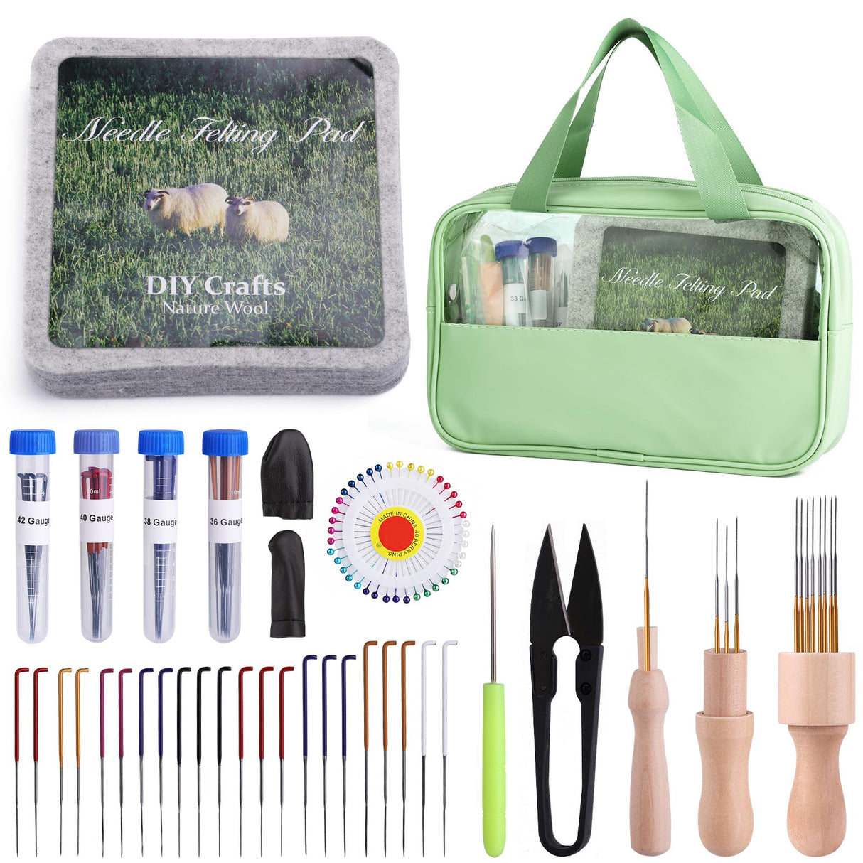 Mayboos Felting Kit - 6"x6" Felting Pad & Tools with Needles, Finger Guards, Wooden Handle Scissor, Bag for Beginner & Professional DIY Mayboos
