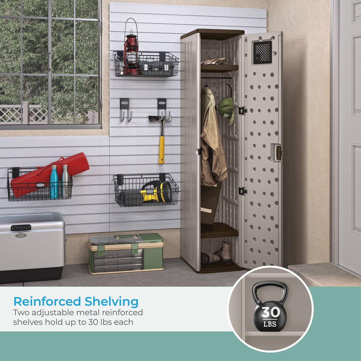 Suncast Storage Cabinet - Resin Construction for Garage Organization - 72" Garage Storage Locker with Shelving - Platinum Doors & Slate Top Suncast