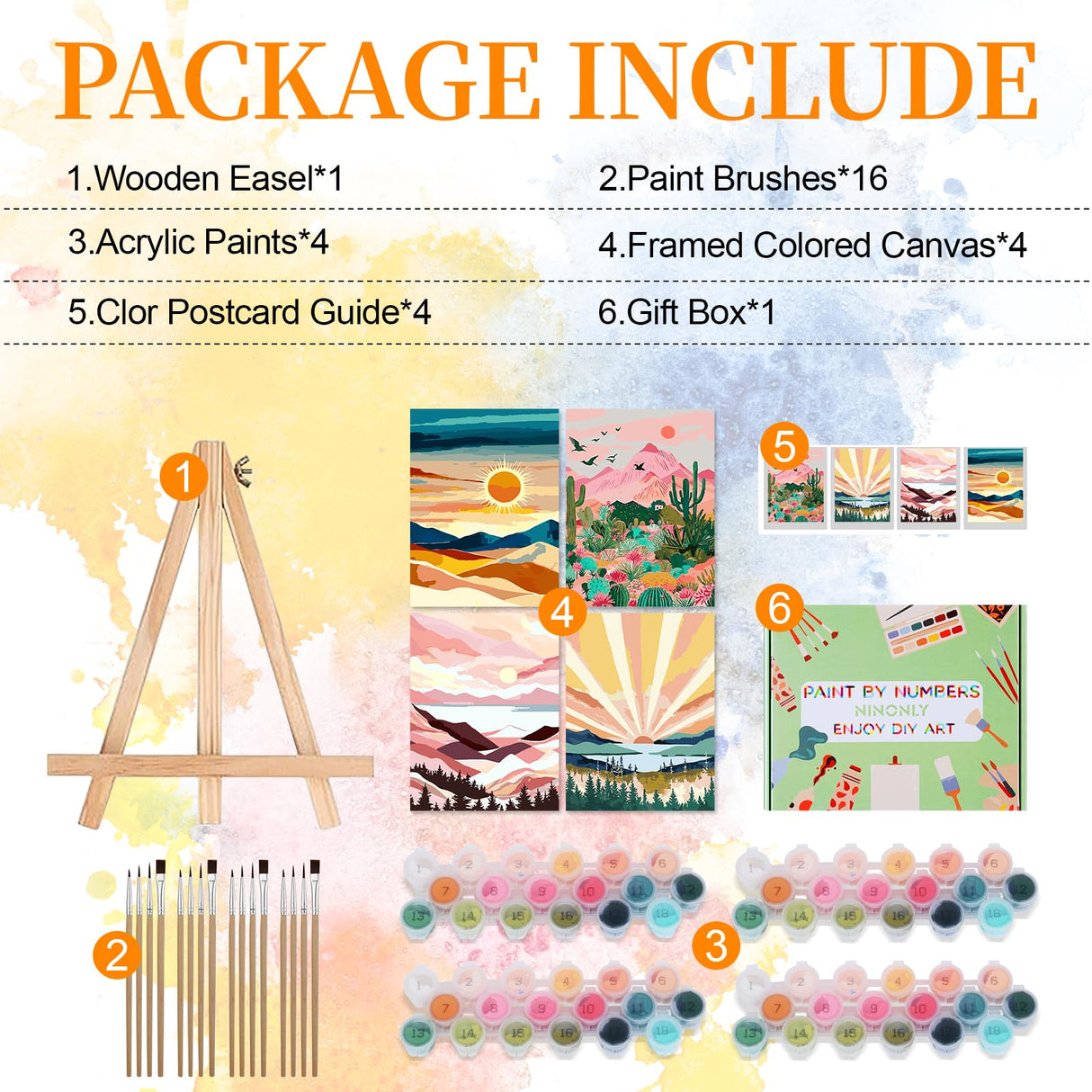 Ninonly 4 Pack Paint by Number for Adults Framed Canvas, Sunset Arts for Adults Beginner with Wooden Easel, Paint Brushes, Acrylic Paint Set for Home Wall Decor, 9 * 12 Inch Ninonly