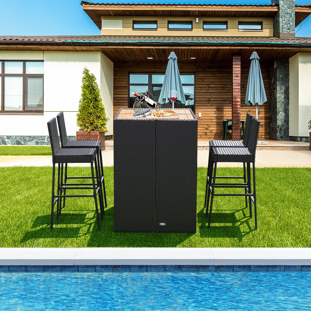 HAPPYGRILL 5 Pieces Rattan Outdoor Bar Set with Height Table & 4 Cushioned Bar Stools, Patio Bar Set Wicker Dining Set for Poolside Patio Backyard HAPPYGRILL