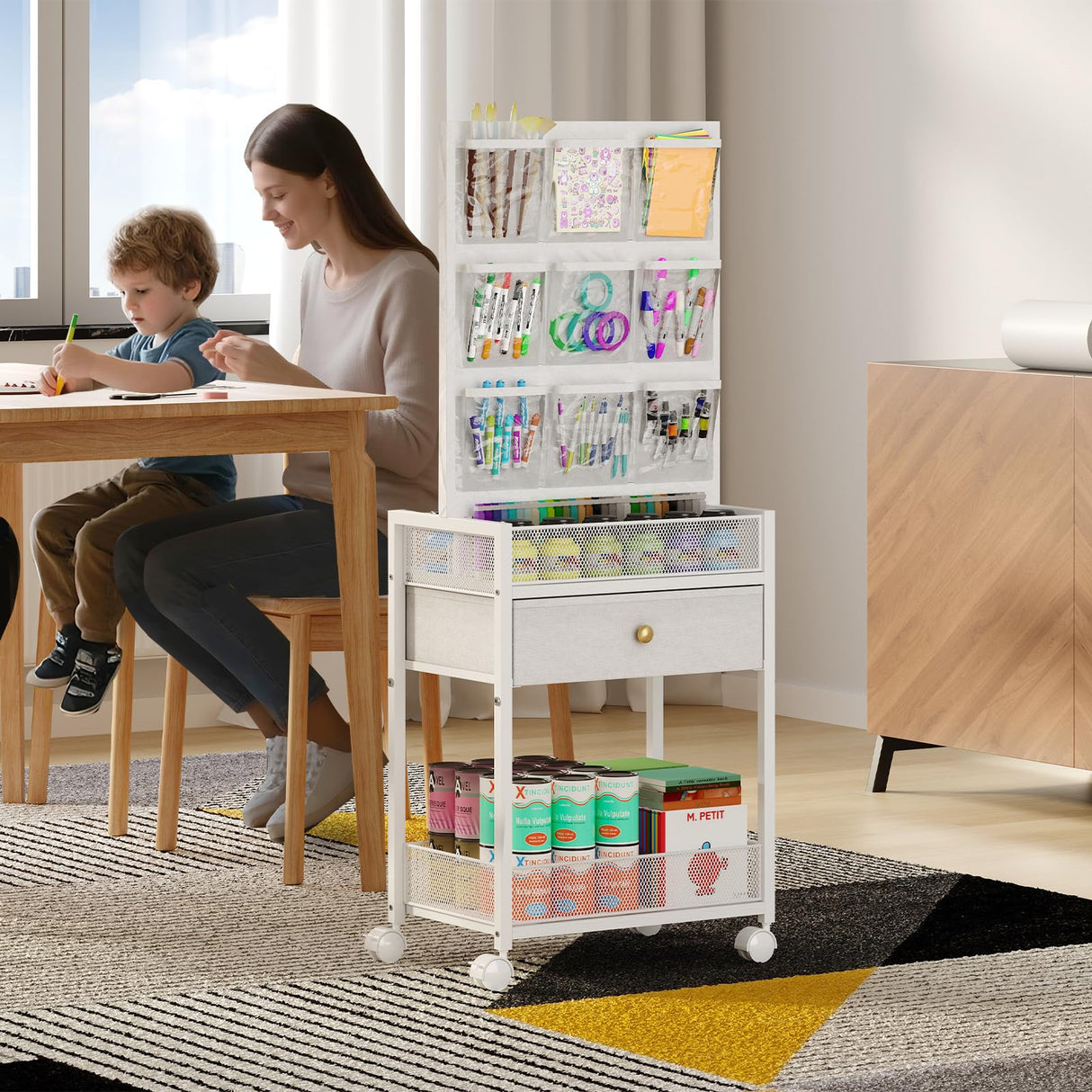 5-Tier Craft Rolling Cart, Craft Organizers and Storage with 18-Pocket, Utility Cart with Drawer & Lockable Wheels, Art & Craft Supply Organizer for Kids' & Adults'Studio, Bedroom (White) Hencawima