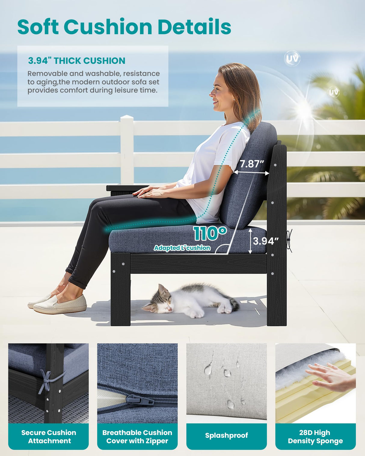 SERWALL 9 Pieces Patio Sofas, All-Weather HDPE Outdoor Sectional Sofa with Cushions and Coffee Table, Extra-Large Modular Conversation Set for Patio, Garden, Deck, Grey Frame with Grey Cushion SERWALL