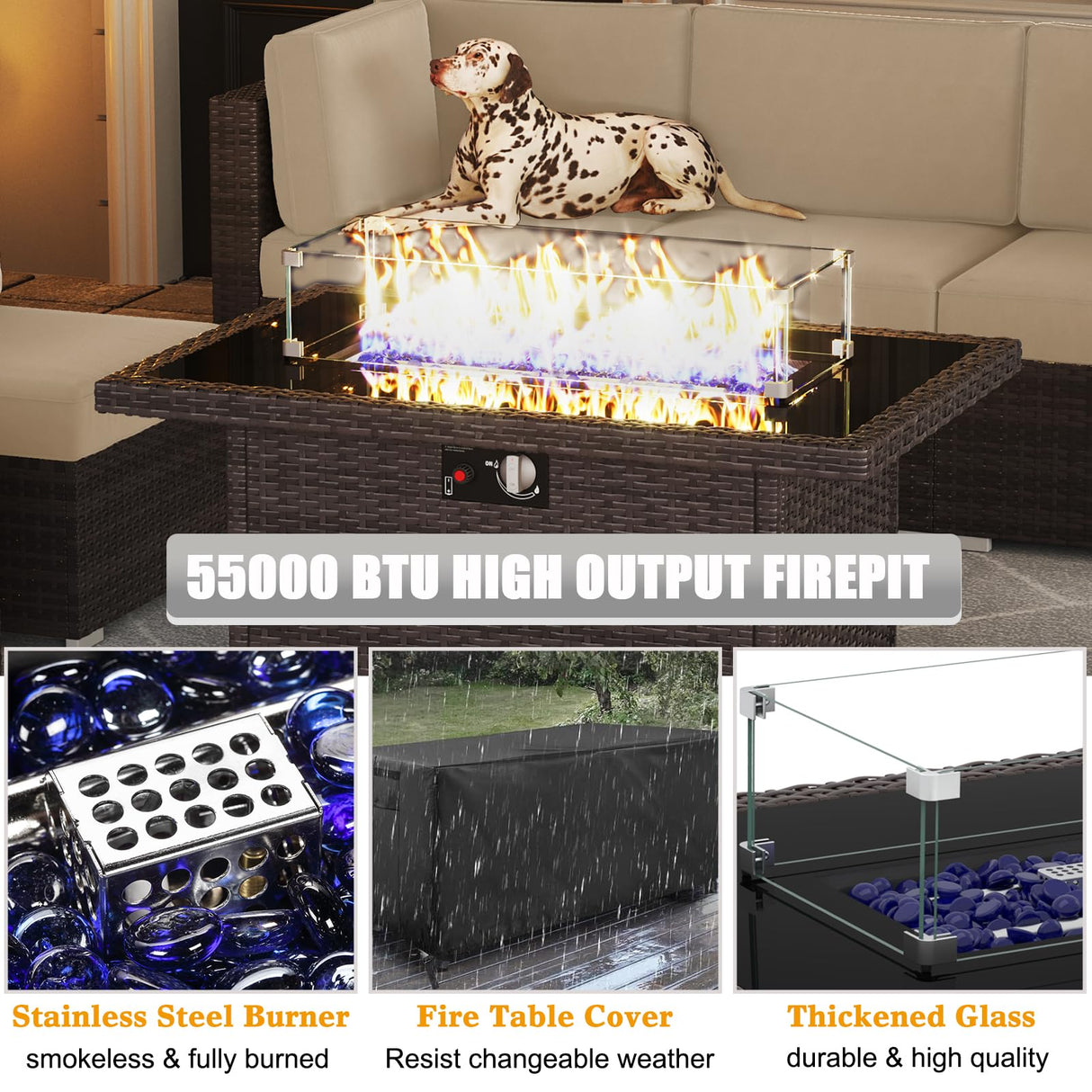 LayinSun 7 Pieces Outdoor Patio Furniture Set with 44" Fire Pit Table Brown Rattan Sectional Sofa Conversation Sets LayinSun