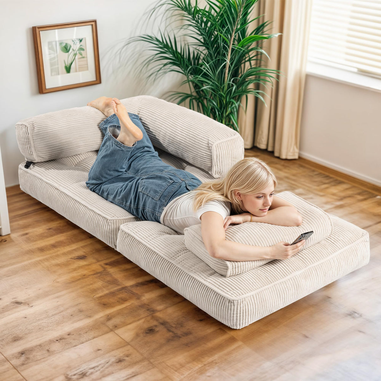 Airynee Convertible Folding Sofa Bed, L- Shaped Sleeper Chair Bed with Armrest and Pillow, Fold Out Sleeper Sofa, Comfortable Floor Couch for Small Spaces/Living Room/Bedroom, Single, Beige Airynee