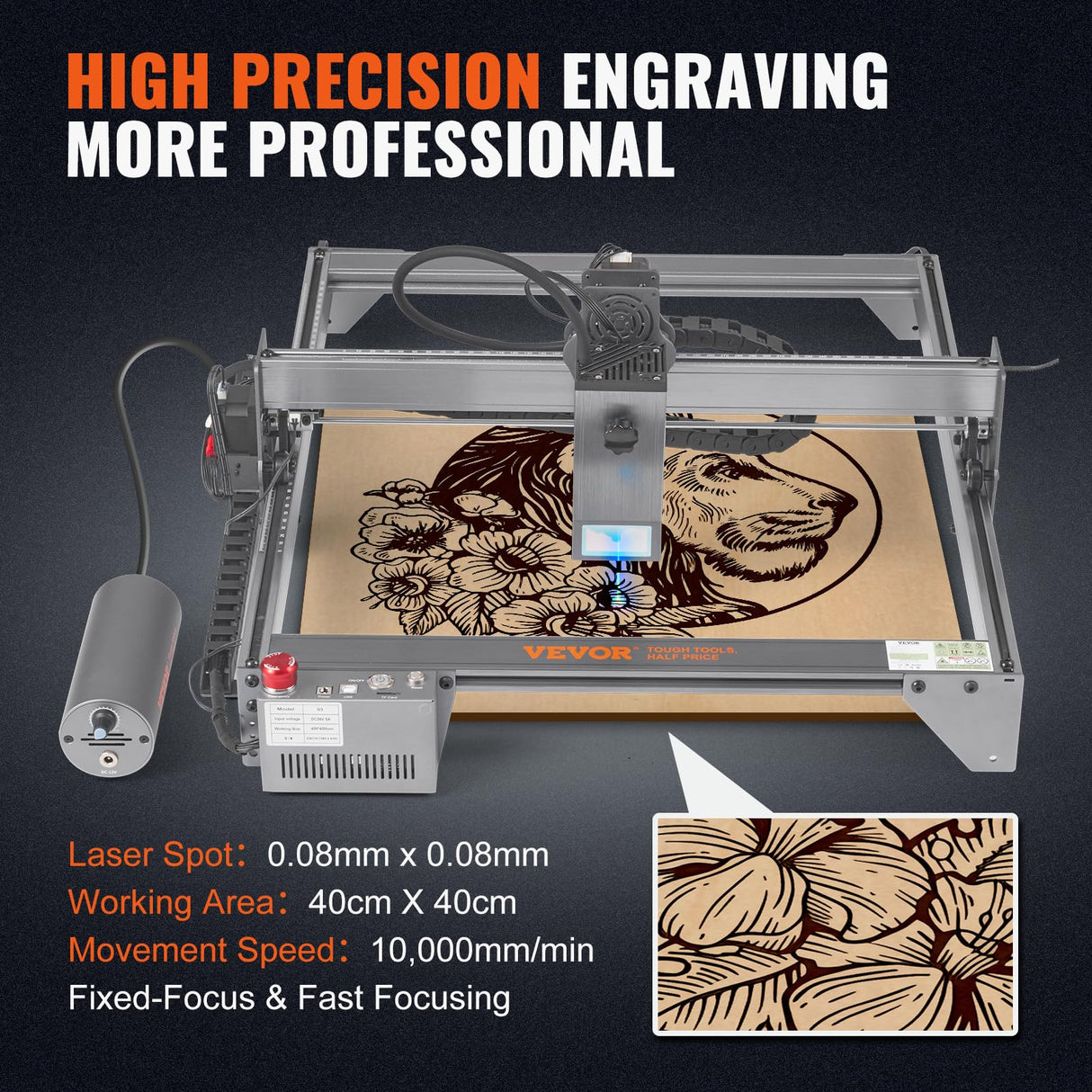 VEVOR, 20W Output Engraving Machine, 15.7" x 15.7" Large Working Area 10000mm/min Movement Speed, Compressed Spot with Eye Protection, Laser Cutter for Wood, Metal, Acrylic, Gray VEVOR