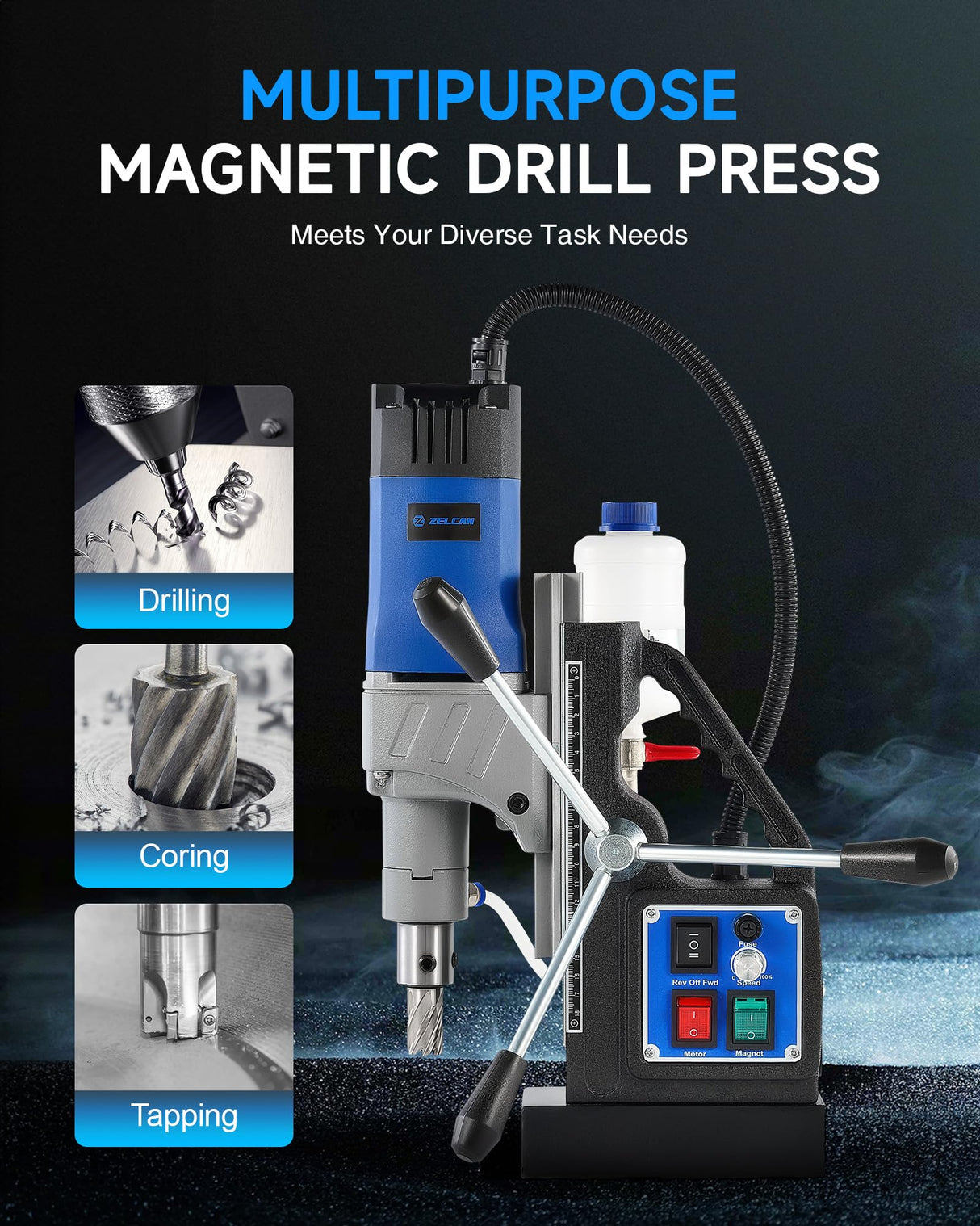 ZELCAN Mag Drill Press with 11 Drill Bits, 1550W Portable Magnetic Drill Press with 2" Boring Diameter, 0-580 rpm Stepless Speed & Reversible Direction, 2922 lbf Drilling Machine for Metal Surface ZELCAN