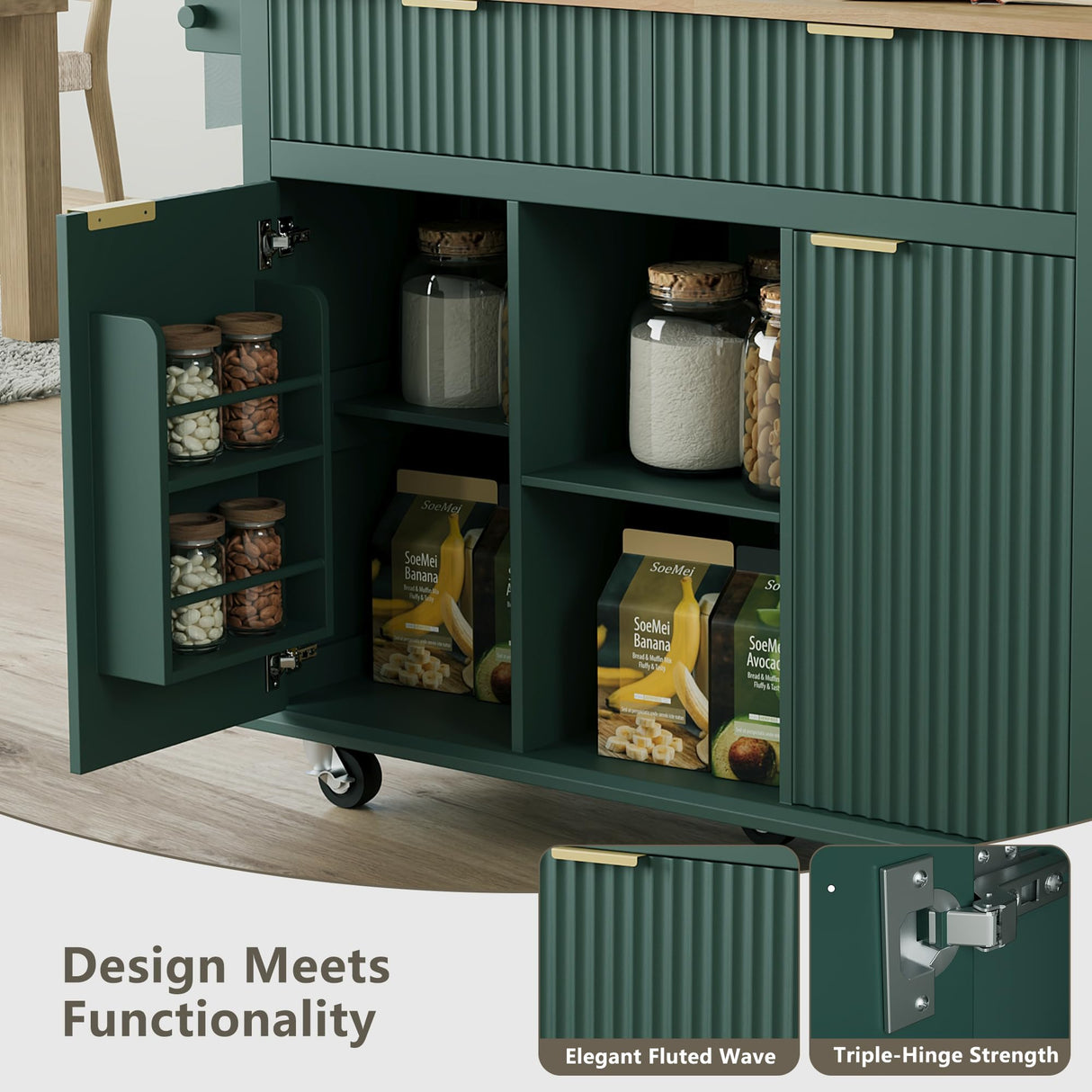 win2win Rolling Kitchen Island with Storage, Portable Kitchen Island with Drop Leaf Breakfast Bar, Modern Farmhouse Kitchens Cart on Wheels with Fluted Design, Towel Rack, Spice Rack, Green win2win