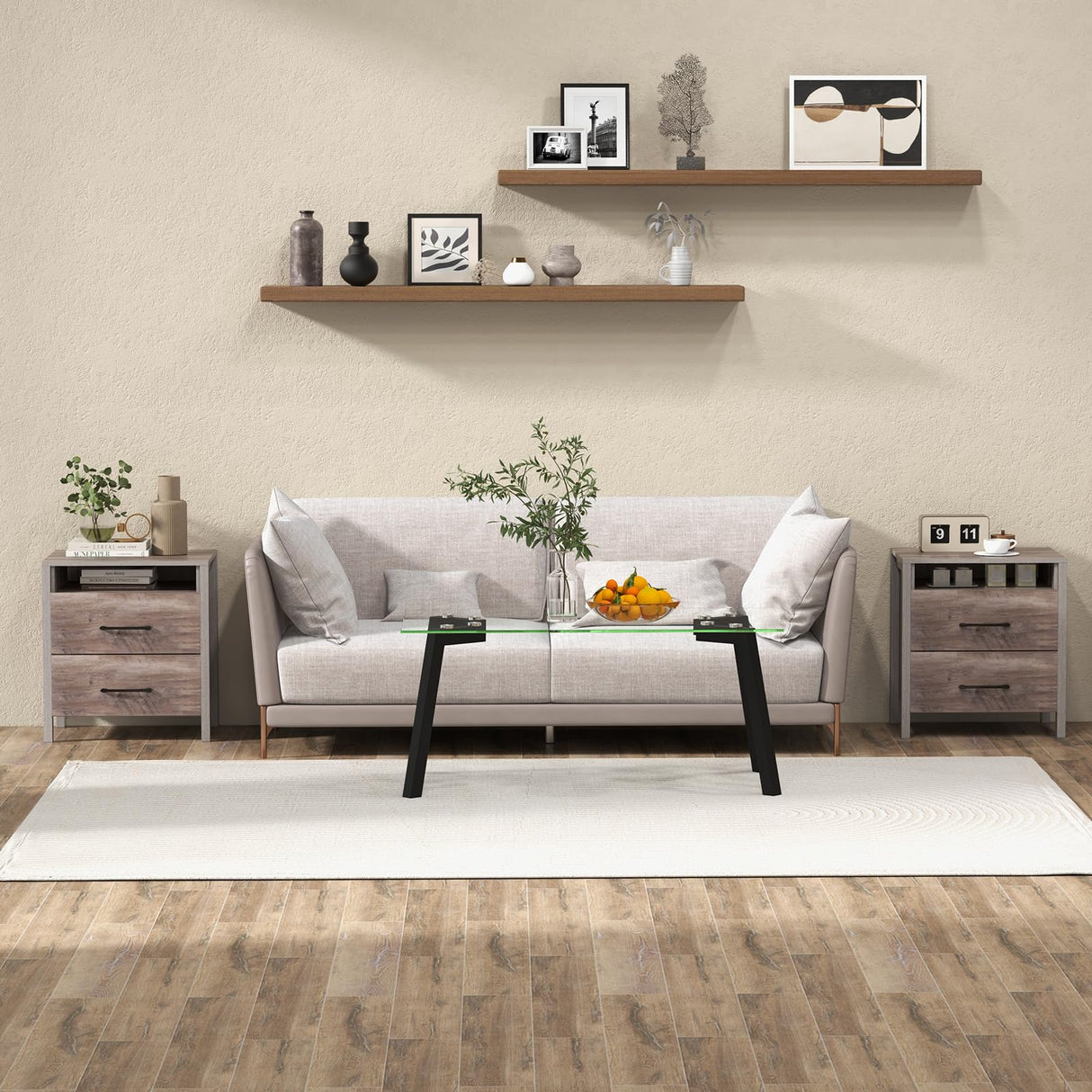 Giantex Farmhouse Nightstand Set of 2, Rustic Wood Bedside Table with 2 Storage Drawers & Open Shelf, Sofa Side Table, Versatile Night Stand for Bedroom, Grey Giantex