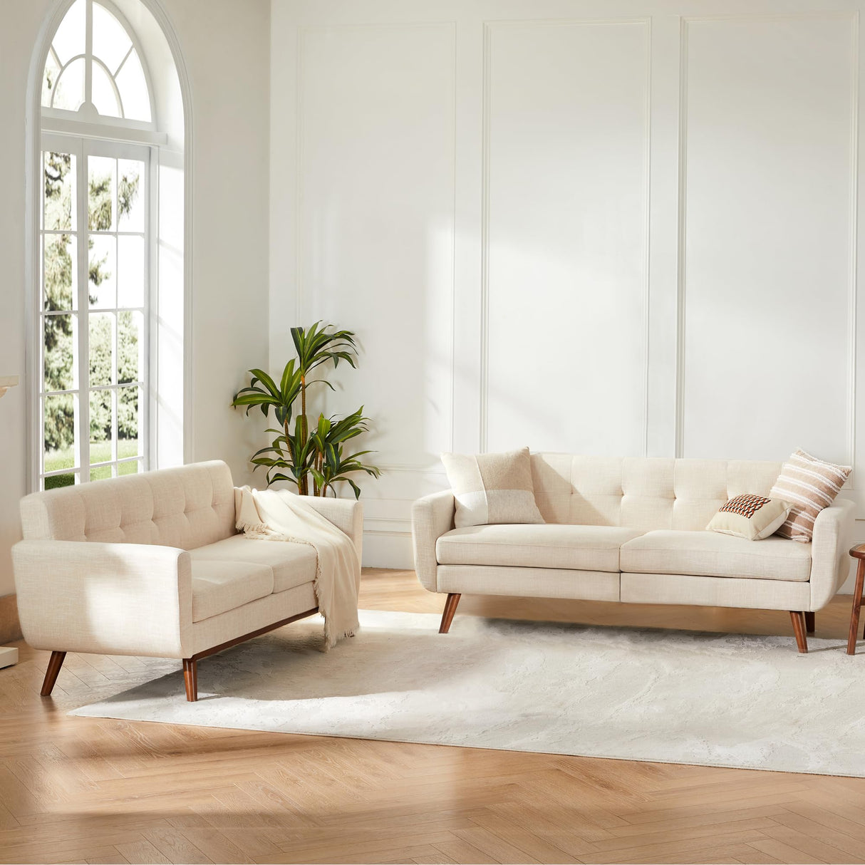 Kingfun 2 Piece Loveseat and Sofa Sets, Mid Century Modern Decor Love Seat Couches for Living Room, Button Tufted Upholstered Furniture, Easy to Install Small Couch for Bedroom, Office, Beige Kingfun