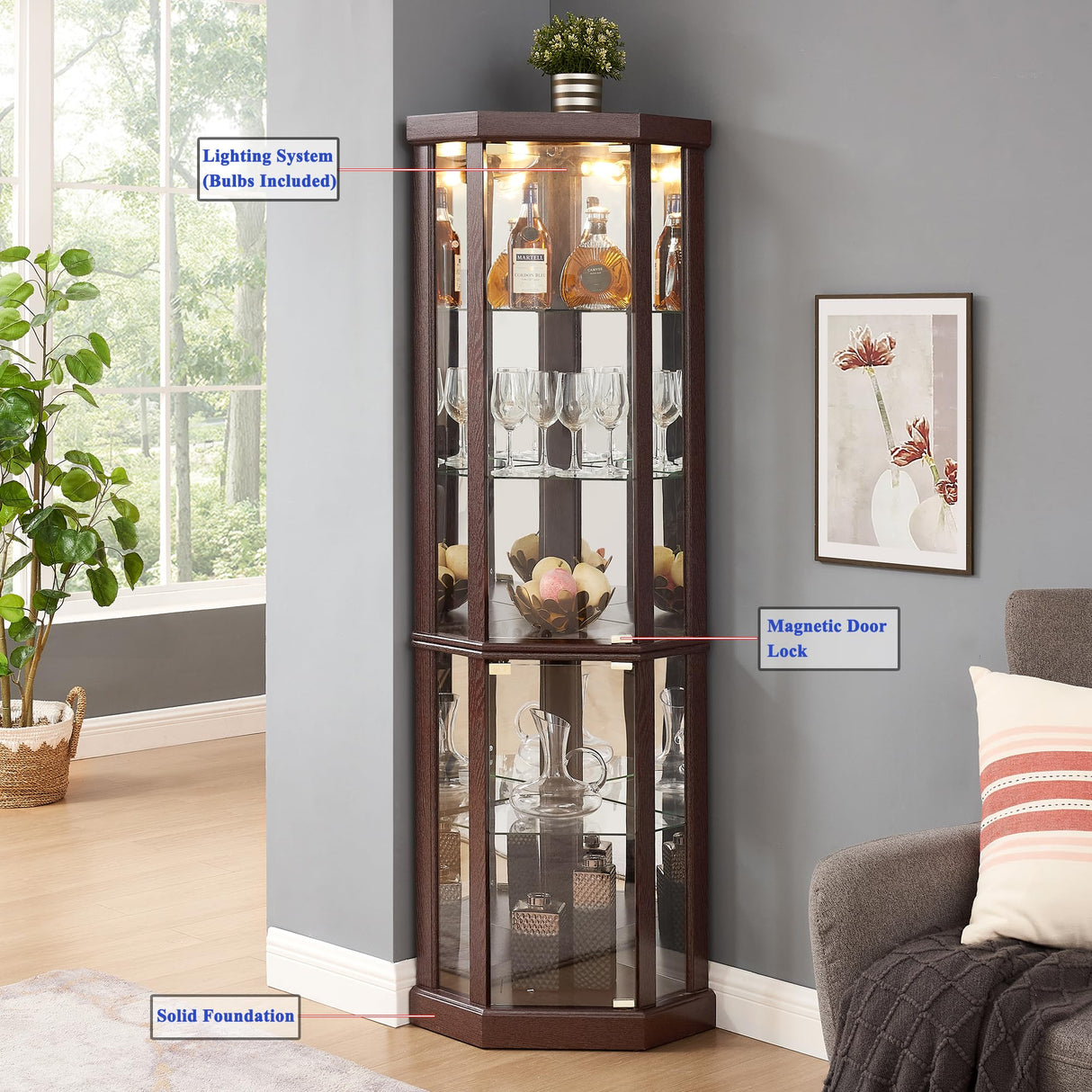 TRJQBCC 69" H Lighted Corner Display Cabinet, Curio Corner Glass Cabinet w/Adjustable Shelves & Glass Door, 5-Tier Wooden Storage Display Case w/Mirrored Back Pane for Living Room(Dark Cherry) TRJQBCC