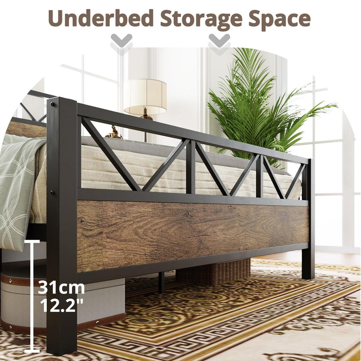 LIKIMIO Queen Bed Frame, Tall Industrial Headboard 51.2 ", Platform Bed Frame with Strong Metal Support, Solid and Stable, Noise Free, No Box Spring Needed, Easy Assembly, Vintage Brown, Rustic Maple LIKIMIO