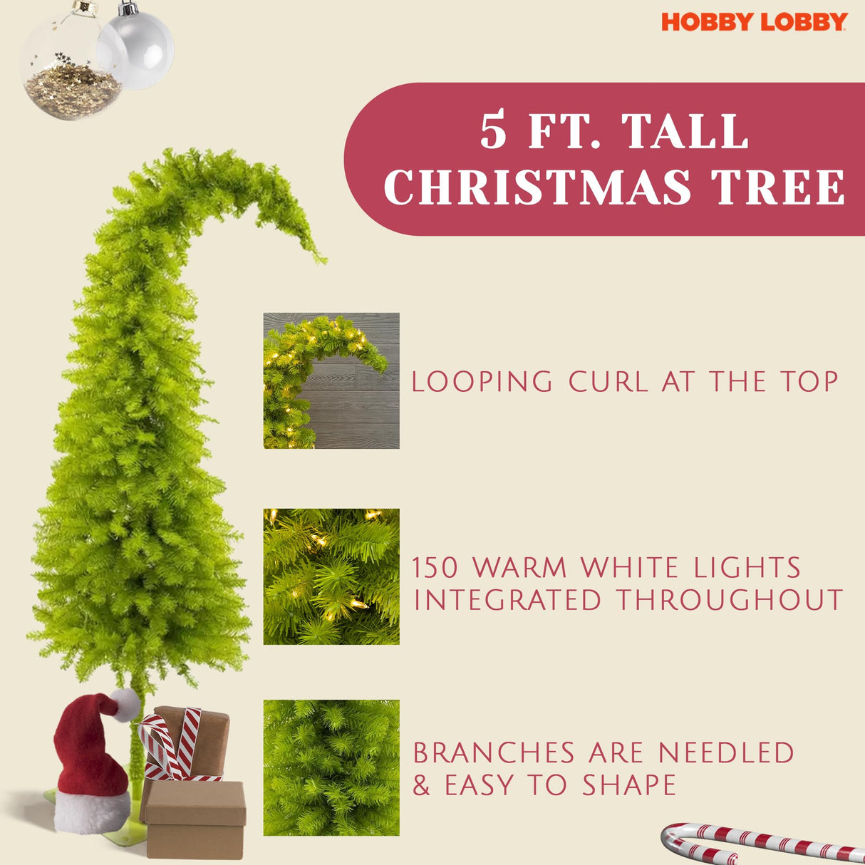 5 Ft Prelit Christmas Tree with Stand – Artificial Lighted Christmas Tree for Indoor Use – Whimsical Plastic Trees w/Metal Base & LED Lights - Holiday Decor for Living Room, Tabletop Hobby Lobby