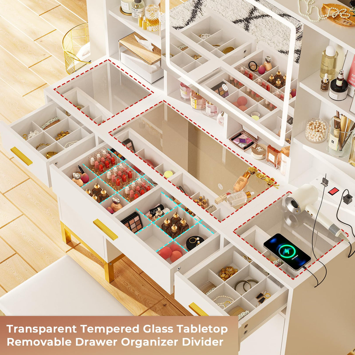 Vanity Desk with Openable Mirror and Lights, Glass Tabletop Makeup Vanity Set with Charging Station, White Vanity Table with 3 Drawers & 2 Cabinets, DIY Drawer Dividers, Hidden Hooks VIAGDO