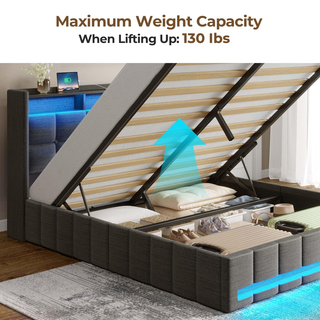 Rolanstar Bed Frame Queen Size with Lift Up Storage, Charging Station & LED Lights, Upholstered Storage Headboard, Heavy Duty Wooden Slats, No Box Spring Needed, Noise Free, Easy Assembly, Dark Grey Rolanstar
