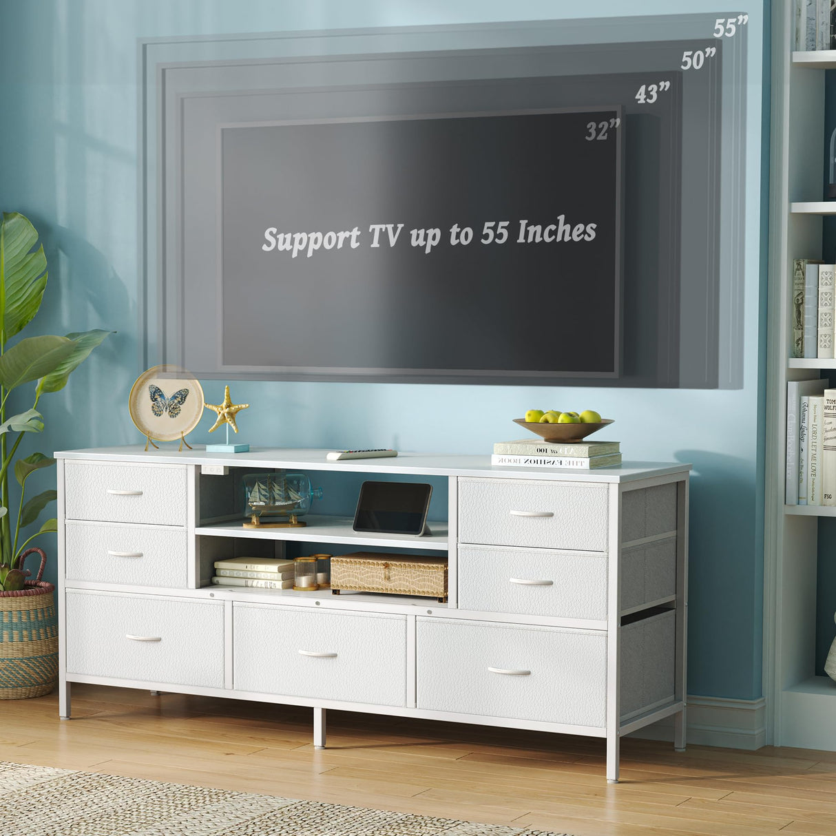 Huuger Dresser for Bedroom with Power Outlets and LED Lights, 7 Drawers TV Stand Dresser for 55 Inch TV, 47 Inches TV Console with Open Shelf, Wide White Dresser, PU Leather, for Bedroom Huuger