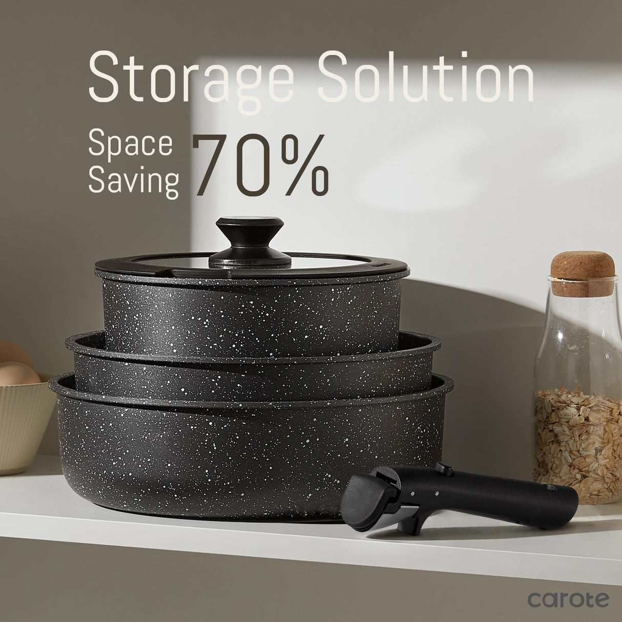 CAROTE 21pcs Pots and Pan Set Non Stick, Nonstick Induction Cookware, Detachable Handle Cookware Set, Dishwasher Safe, Removable Handle, RV Oven Safe Cookware, Midnight Black CAROTE