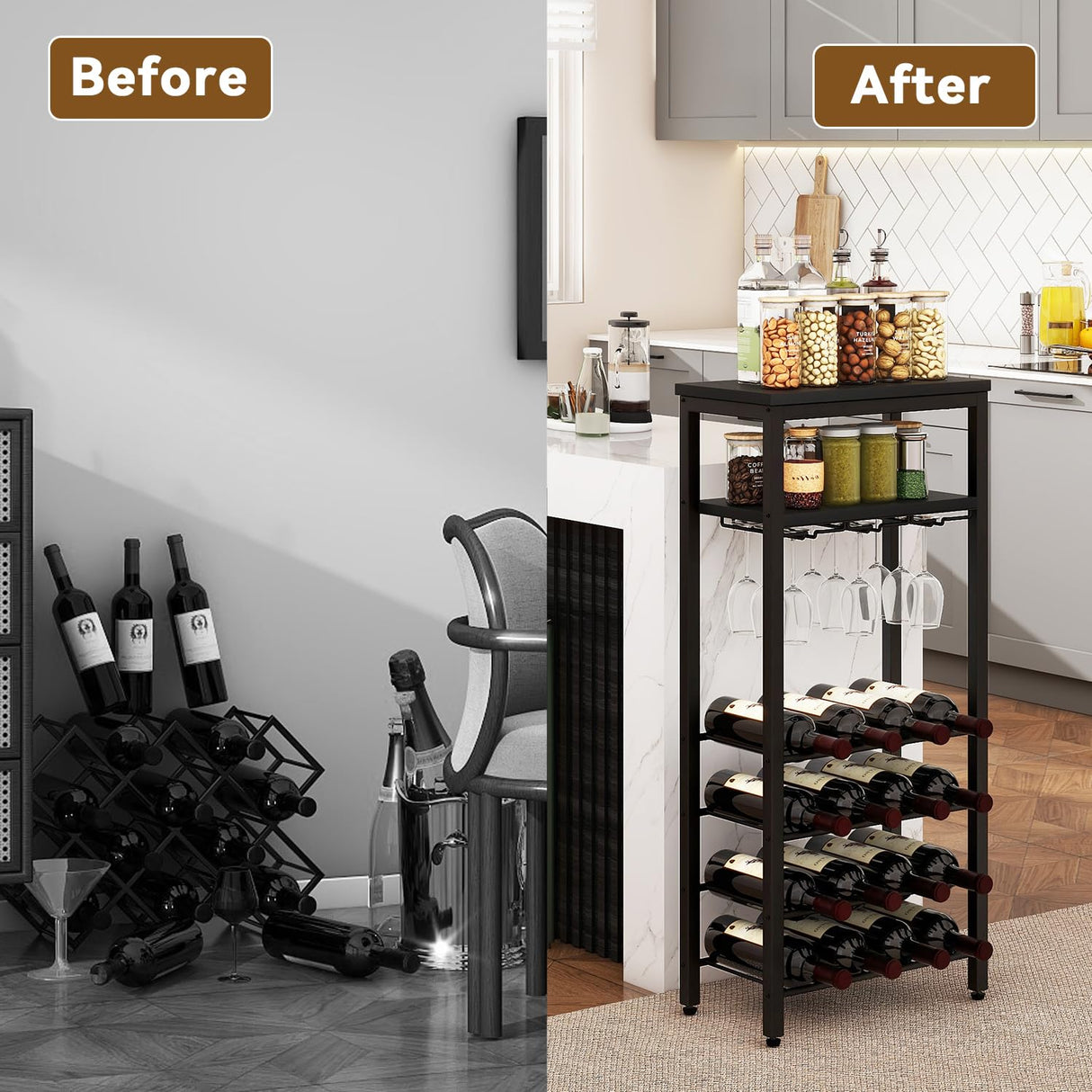 IBUYKE Wine Racks Freestanding Floor,Liquor Bottle Holder,16 Bottles Wine Cabinet with Glass Holder,Wine Holder Display,Mini Wine Bar Table for Living Room,Kitchen Pantry,Dining Room,Black UTMJ907B IBUYKE