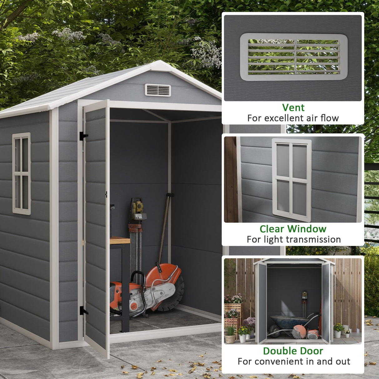 Outsunny 6' x 4.5' Outdoor Storage Shed, Plastic Shed with Vent, Window and Double Lockable Doors, Utility Resin Shed for Patio, Backyard, Lawn, Garage, Gray Outsunny