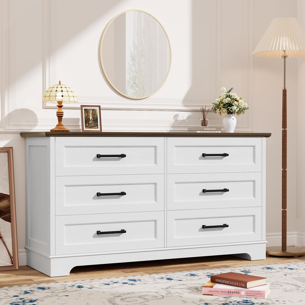 YESHOMY Dresser for Bedroom, Farmhouse 6 Drawers Dresser, Chest of Drawer Chest, Multi-Tier Clothing Storage Cabinet, White and Brown YESHOMY