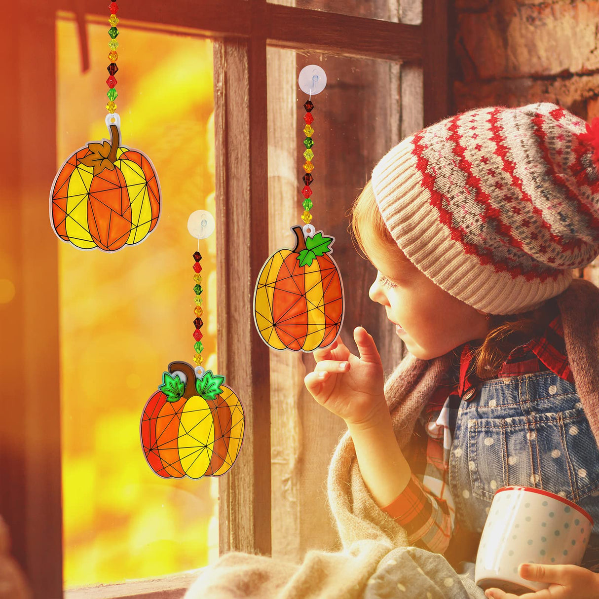 Winlyn 27 Sets Pumpkin Suncatchers DIY Window Paint Art Suncatchers Fall Pumpkin Craft Kits Autumn Pumpkin Sun Catchers for Kids Classroom Halloween Thanksgiving Art Activities Winlyn