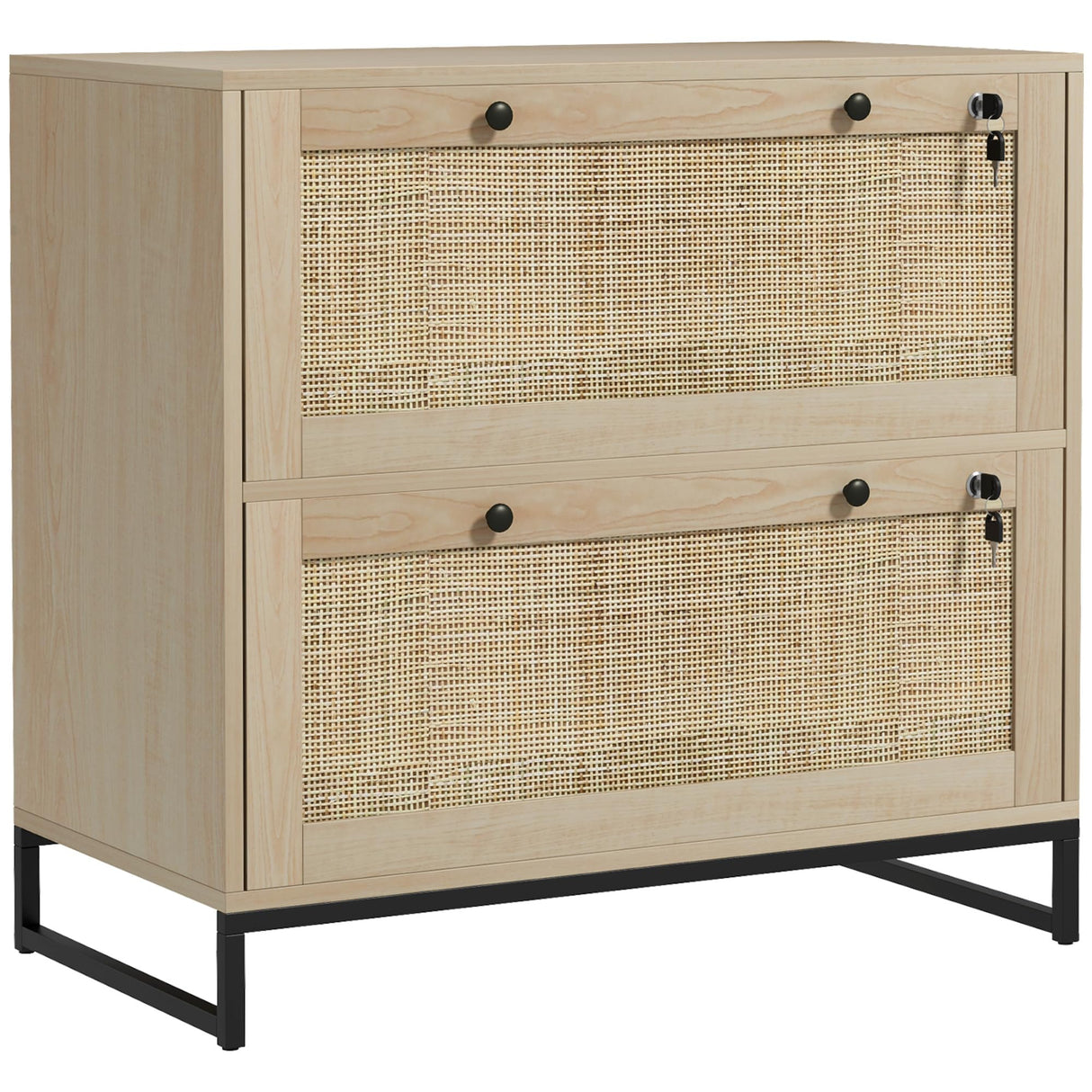 Vinsetto 2 Rattan Drawer File Cabinet with Lock, Lateral Filing Cabinet with Adjustable Hanging Bar for Letter, A4 and Legal Size Files, Printer Stand for Home Office, Natural Vinsetto