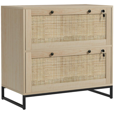Vinsetto 2 Rattan Drawer File Cabinet with Lock, Lateral Filing Cabinet with Adjustable Hanging Bar for Letter, A4 and Legal Size Files, Printer Stand for Home Office, Natural