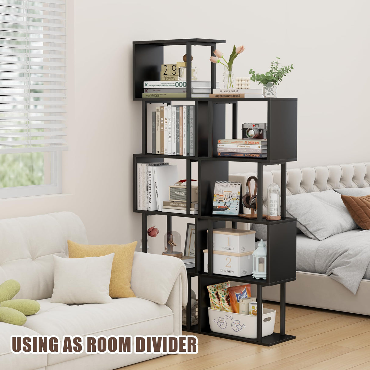 Gadroad 4-Tier Bookshelf, Narrow S-Shaped Geometric Bookcase, Wood Decorative Storage Shelving, Modern Freestanding Display Shelves, Book Shelf Unit for Living Room Bedroom Home Office, Black Gadroad