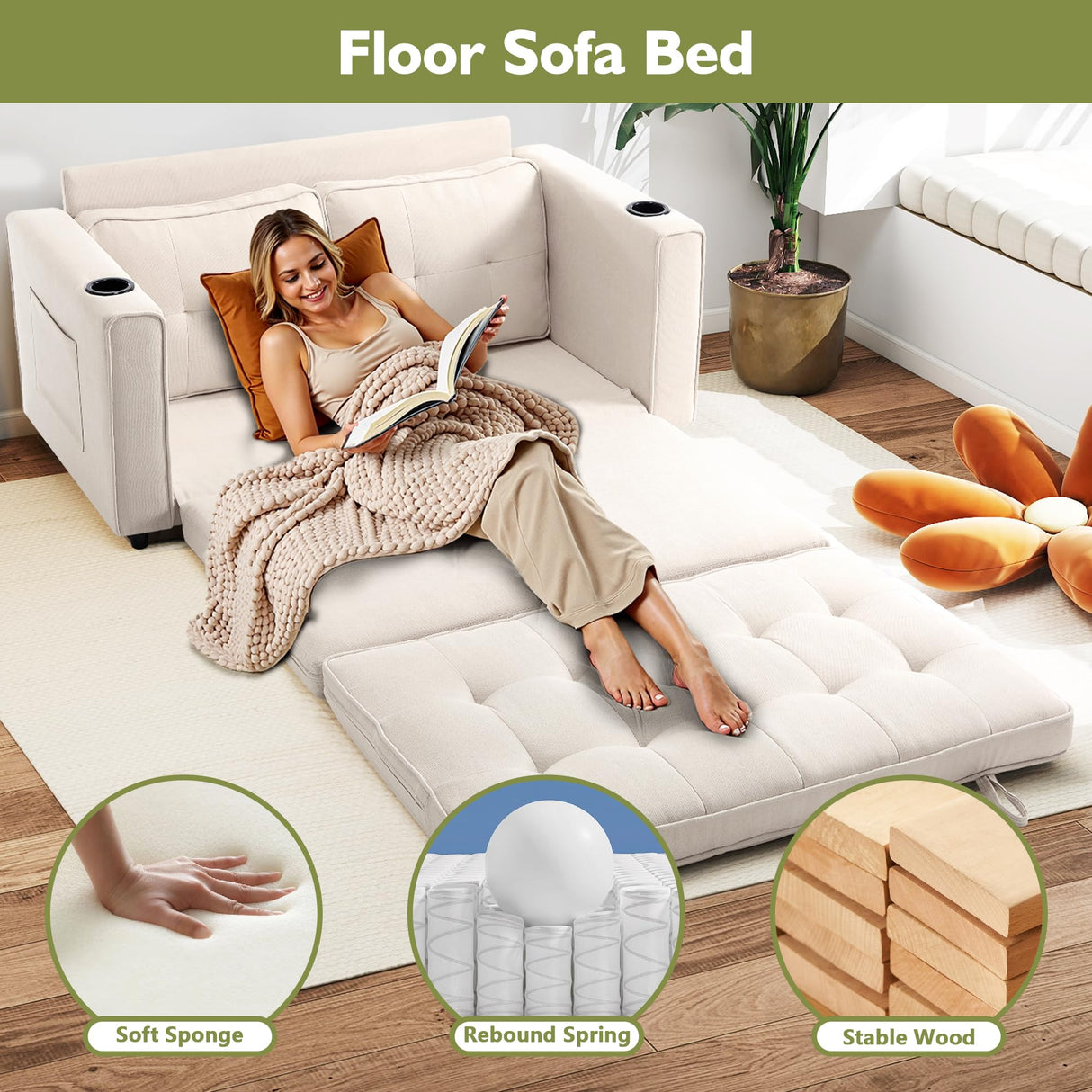 Urhanherry 54" Folding Sofa Bed Full Size, Pull Out Couch Small Love Seat Sleeper Bed Futon, Fold Out Floor Gaming Couch with Cup Holder for Dorm, Bedroom, Small Spaces(Beige) Urhanherry