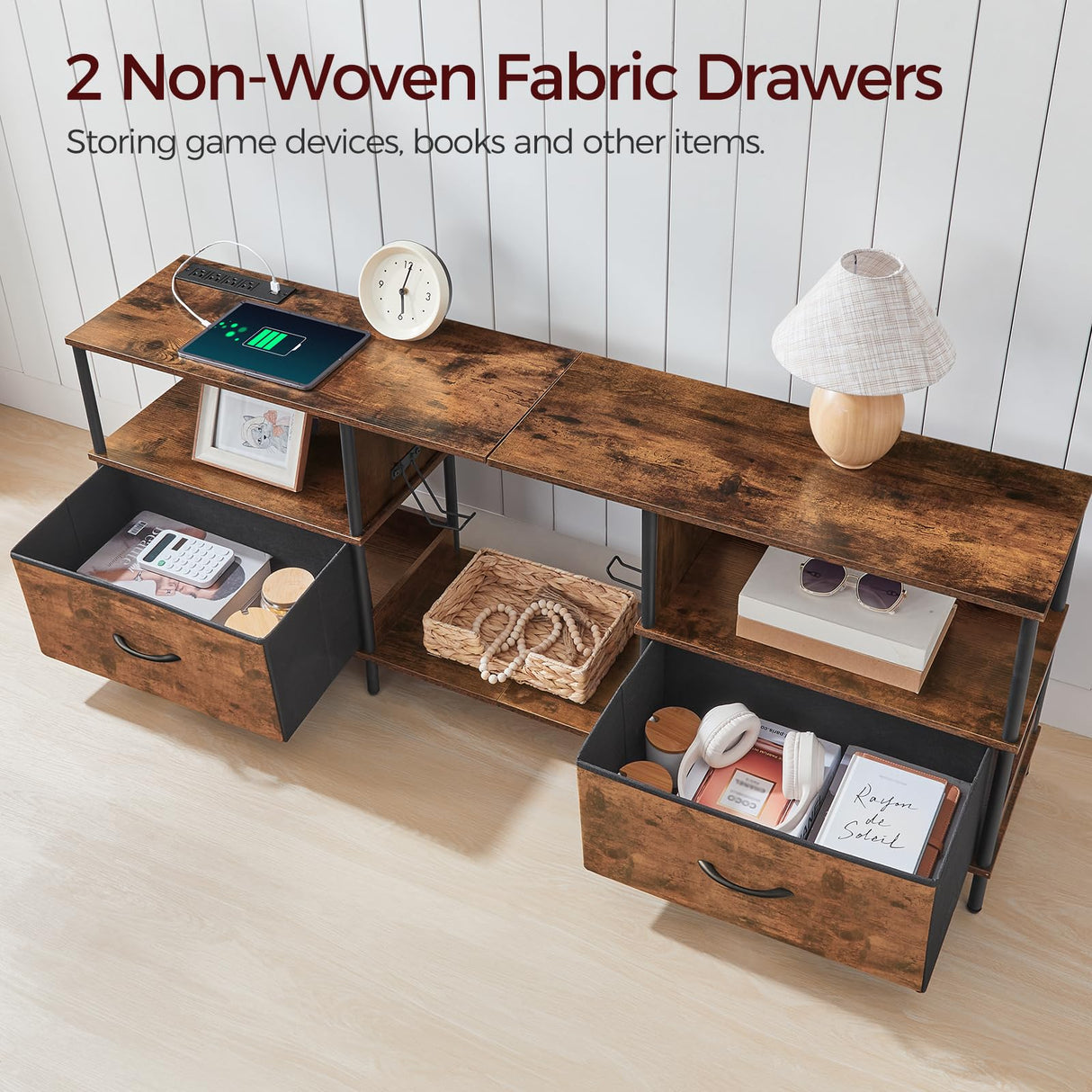 MAHANCRIS LED TV Stand with Charging Station and 2 Fabric Drawers, Entertainment Center for TVs up to 65", TV Console Table with Open Storage Shelf, for Living Room, Rustic Brown TVHR135E01 MAHANCRIS