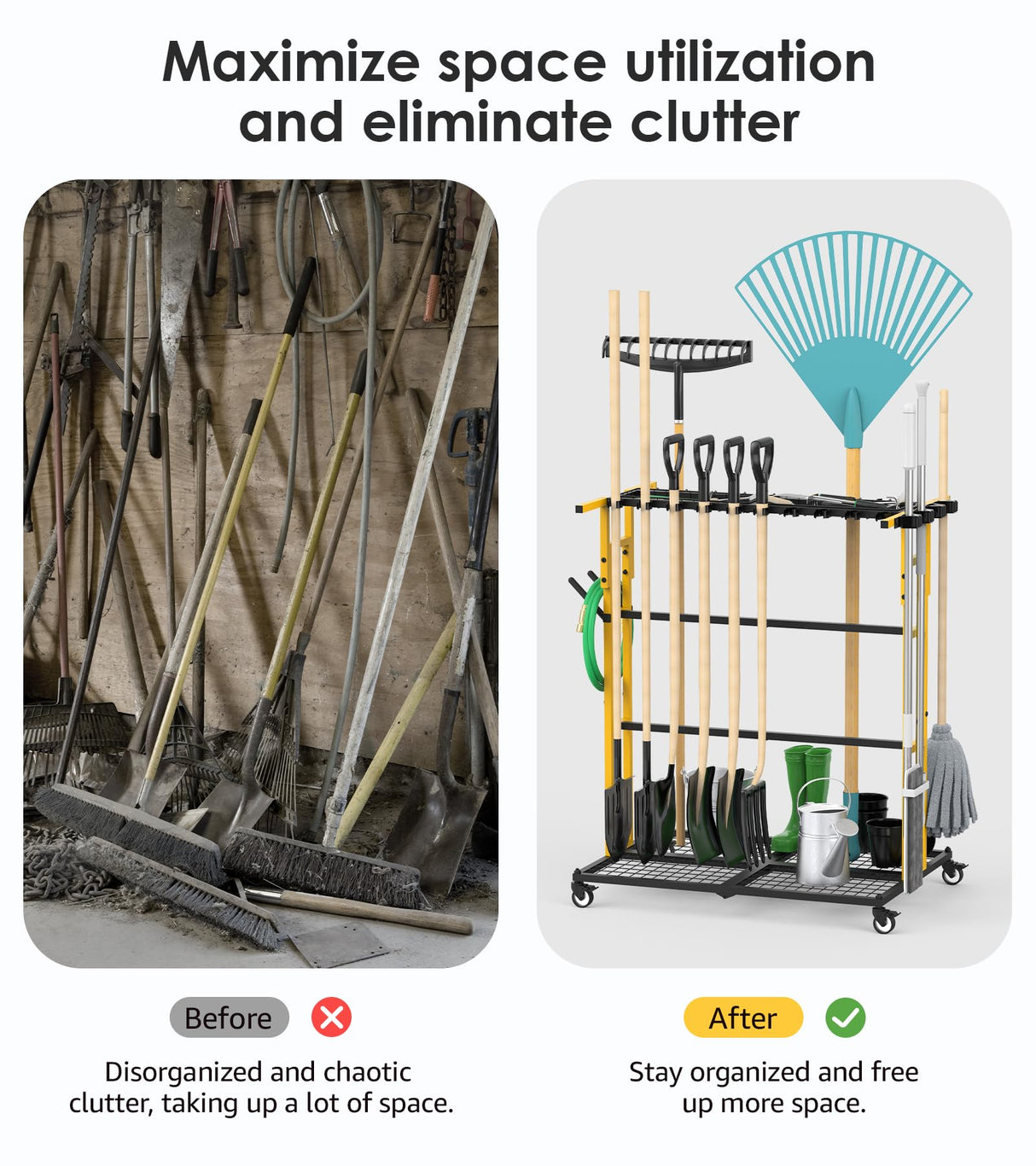 CCCEI Garage Organization with Wheels, Outdoor Gargen Yard Shed Tools Organizer Cart, Home Storage for Cleaning Supplies Organizer, Broom Holder, for Shovel and Rake, Long Farming and Farming Tools. CCCEI