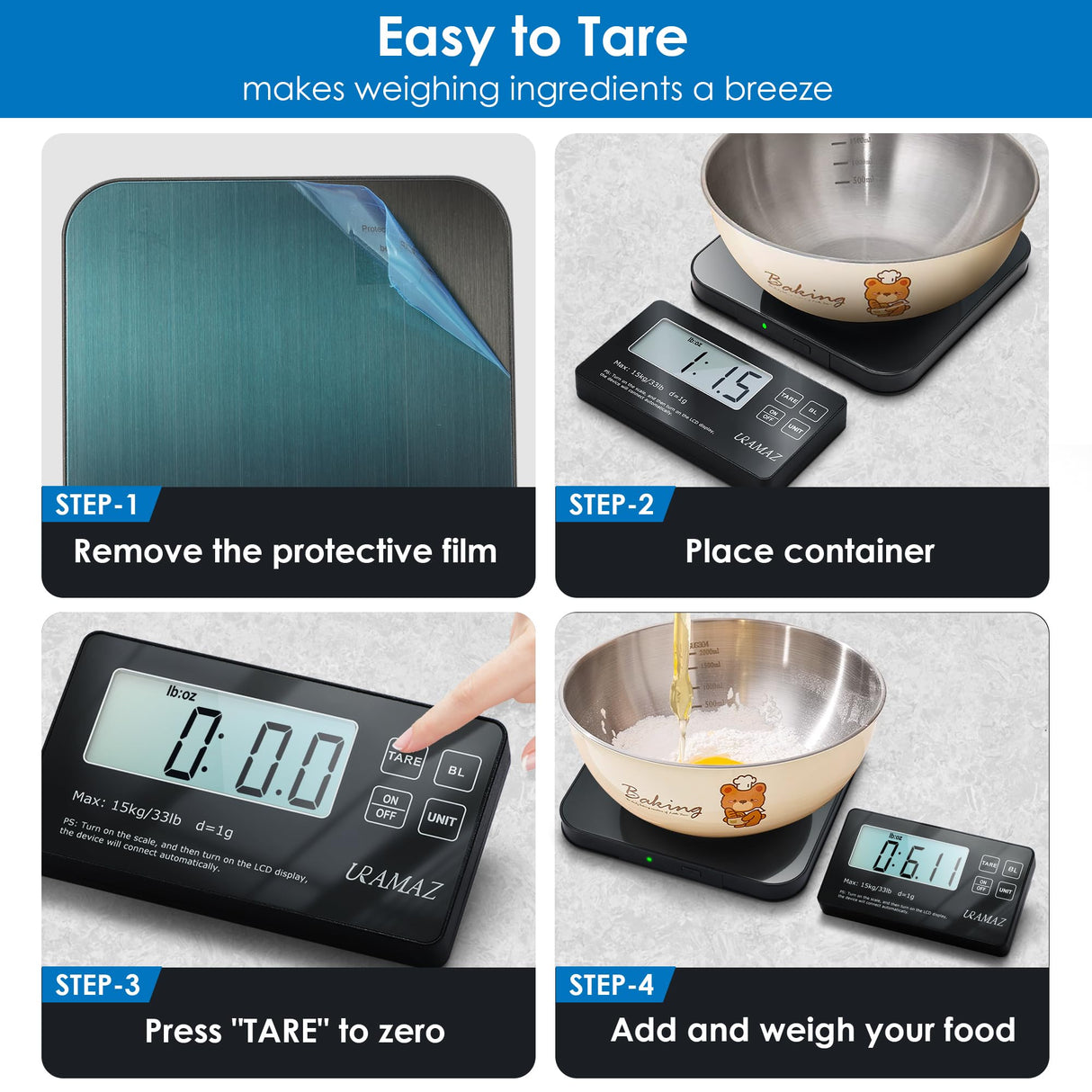 Food Scale with Detachable Display, 33lb Stainless Steel Kitchen Scales Digital Weight Grams and Ounces, Digital Food Scales for Kitchen, Baking Scale for Sourdough Bread Cooking, Weight Loss 1g/0.1oz URAMAZ