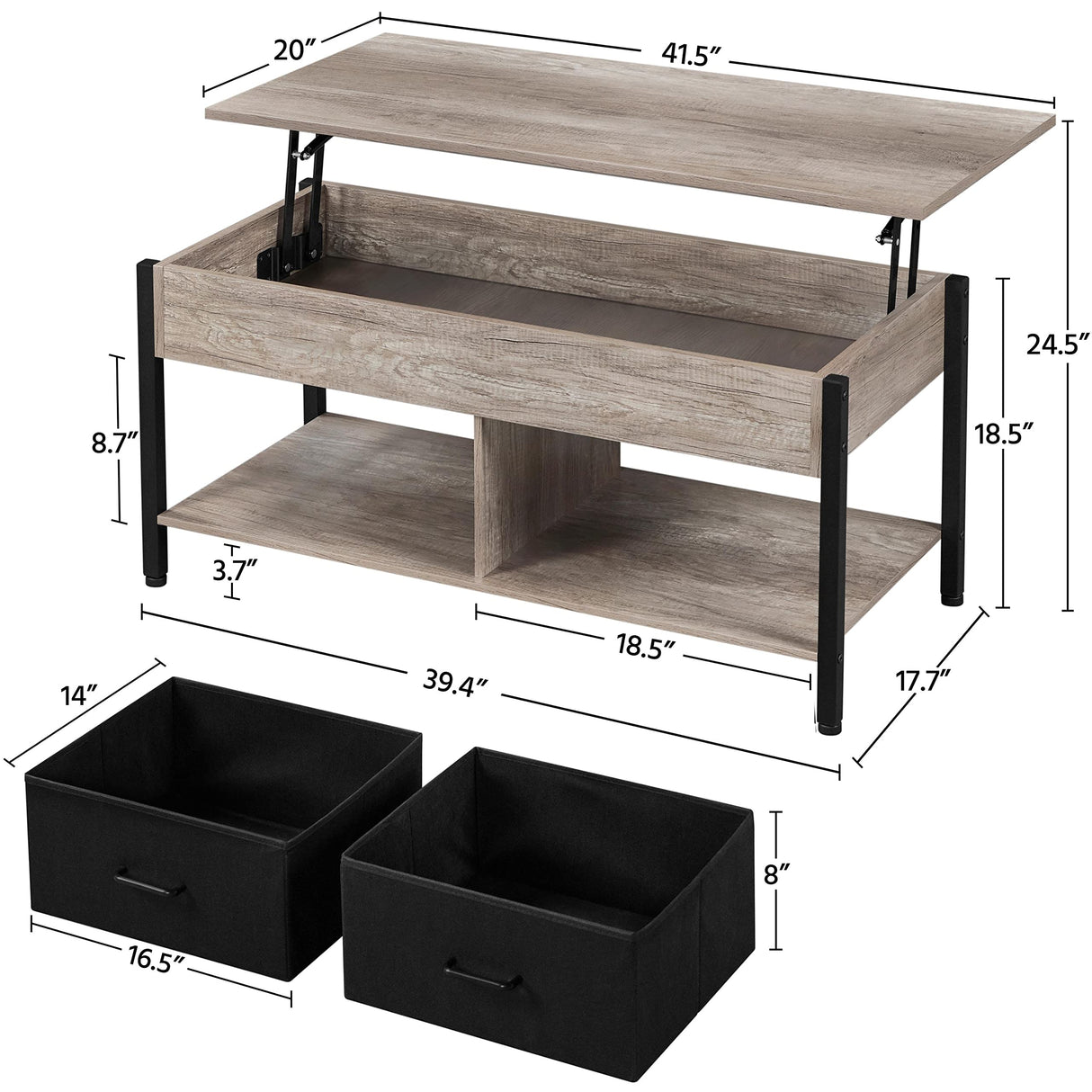 Yaheetech Lift-top Coffee Table with 2 Fabric Baskets & Hidden Storage Compartment, Raisable Top Coffee Table Industrial Center Table with Shelf for Living Room, Gray Yaheetech