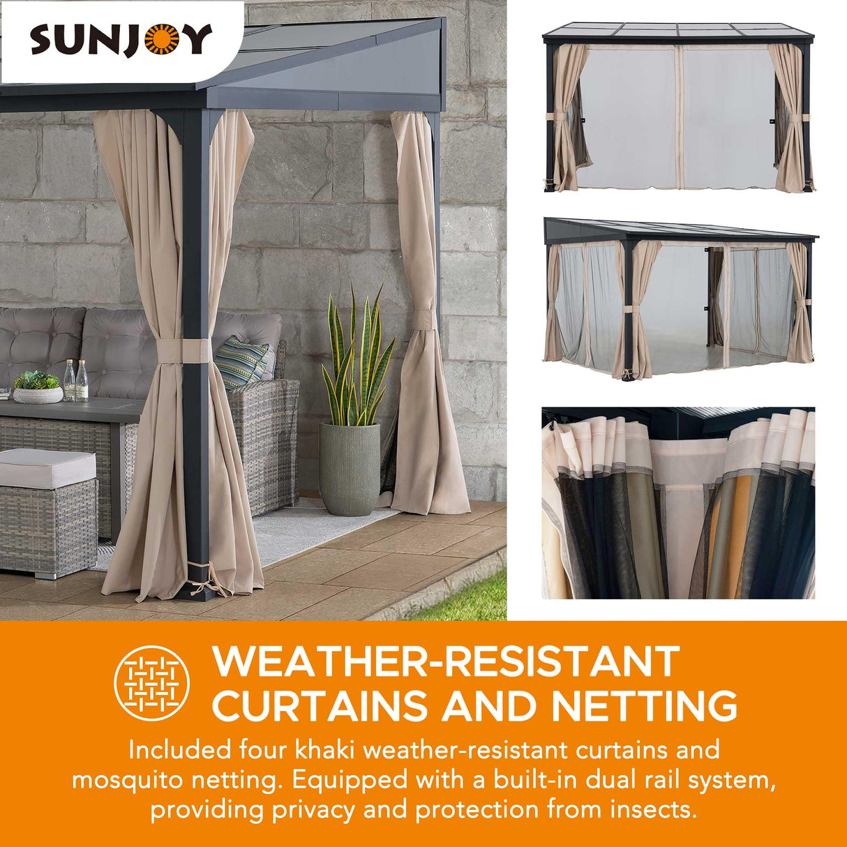 Sunjoy 10 x 12 ft Wall Mounted Gazebo with Polycarbonate Roof, Black Aluminum & Metal Frame Lean to Gazebo with Curtains and Netting… Sunjoy