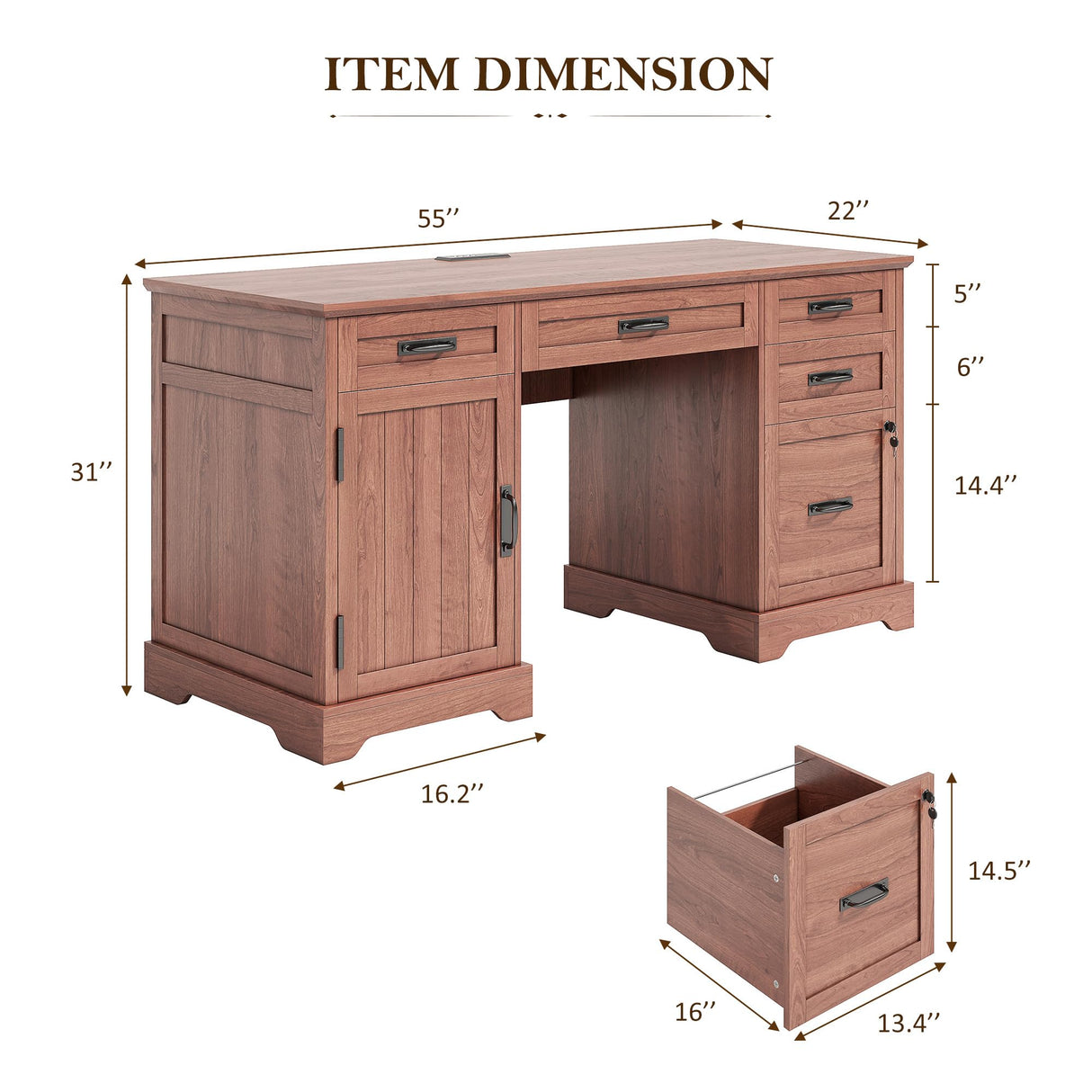 Whalefall Executive Desk with Drawers, 55'' Farmhouse Desk Wooden, Home Office Computer Desk with File Cabinet and Charging Station, Cherry Brown Whalefall