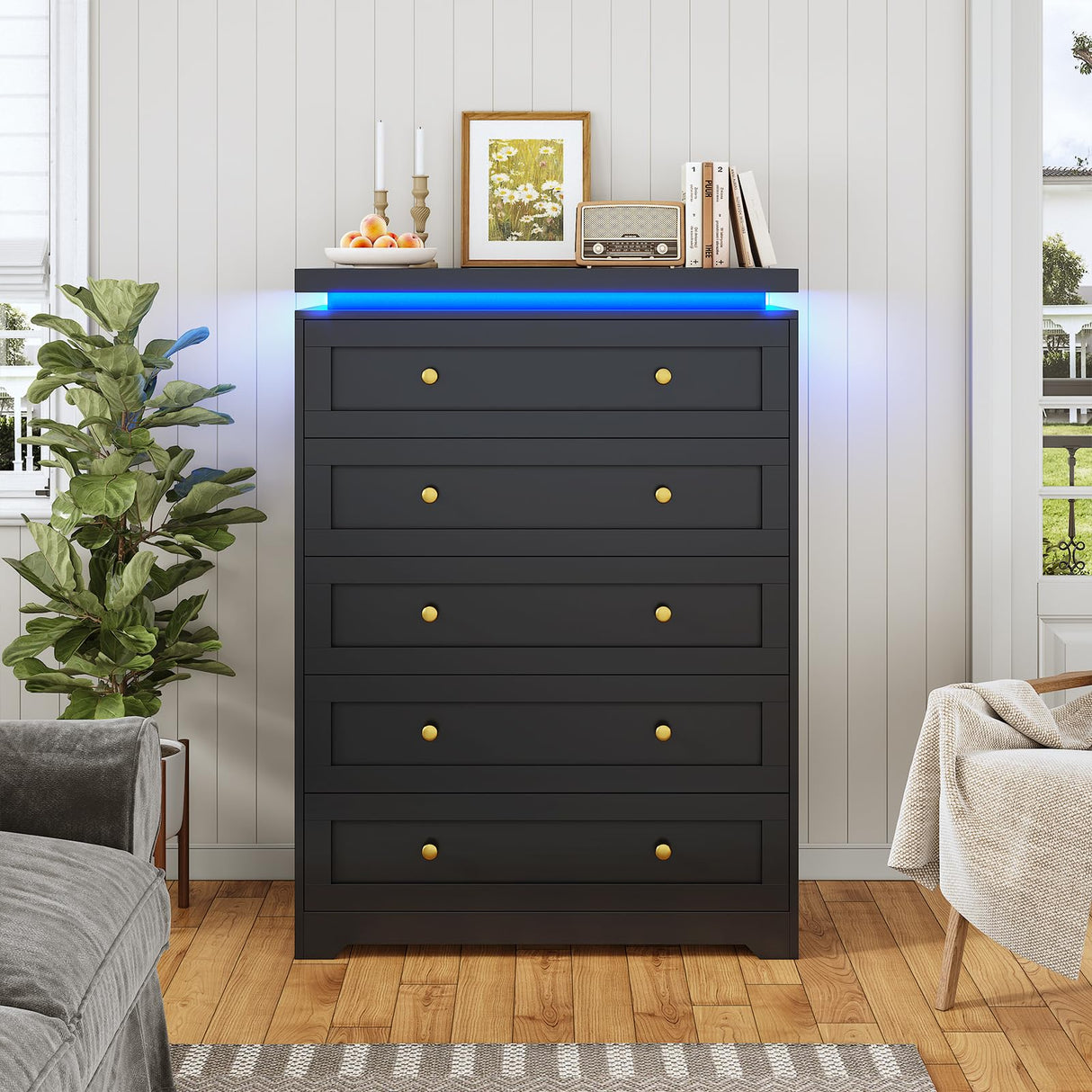 AOGLLATI Black Dresser for Bedroom,5 Drawer Dresser with Led Lights,Modern Led Tall Bedroom Dresser with Top Floating Design for Bedroom Hallway,Black AOGLLATI