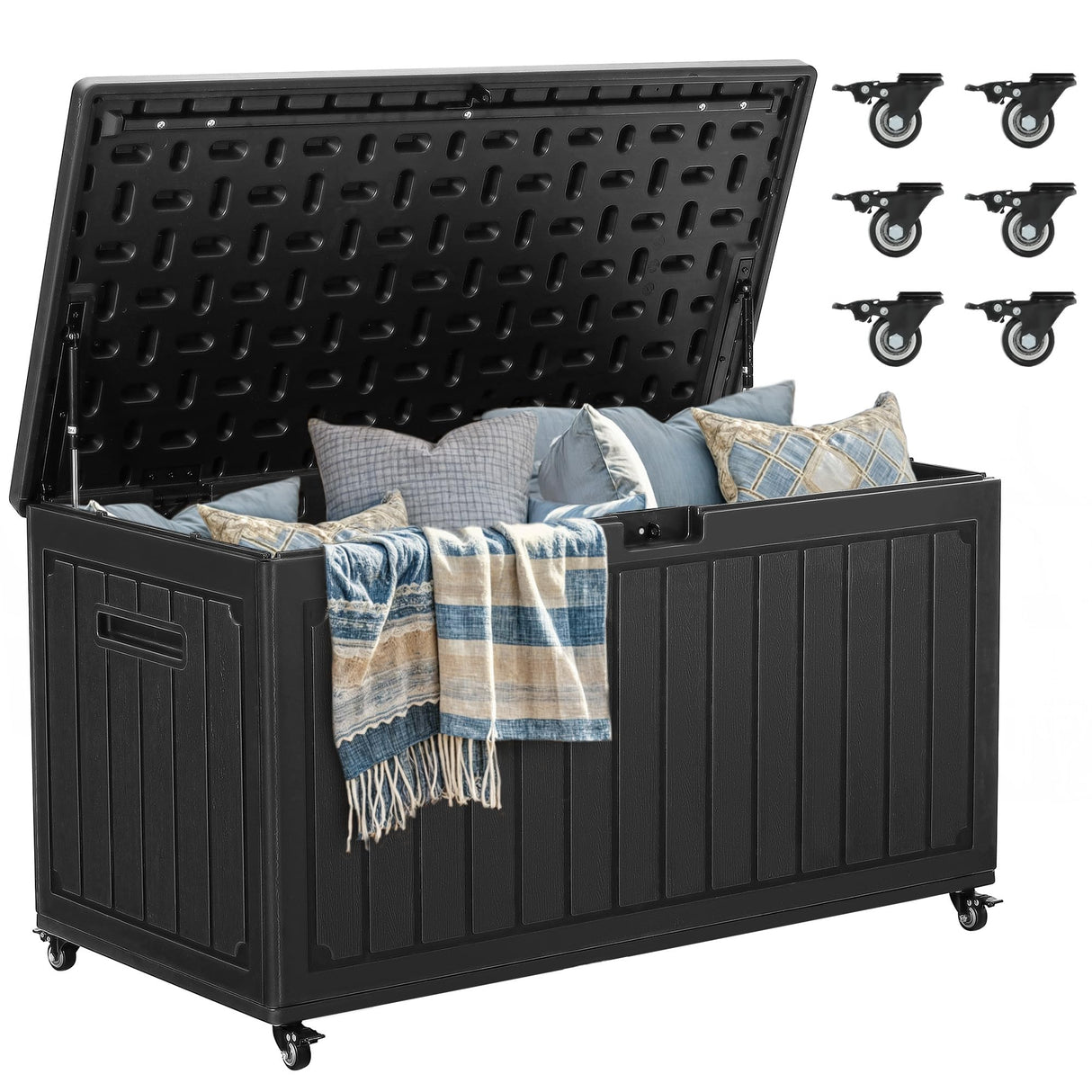 YITAHOME 90 Gallon Outdoor Storage Box with 6 Wheels, Large Double-Wall Resin Deck Box, Lockable Waterproof Outside Storage for Patio Furniture, Cushion, Pool Float, Garden Tool, Black YITAHOME