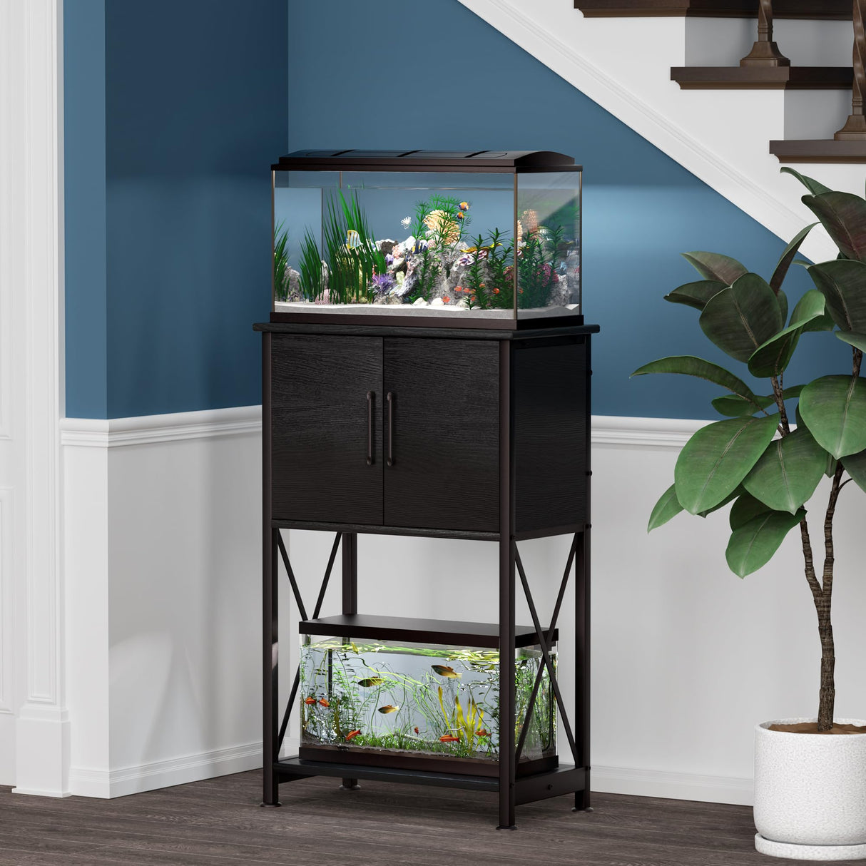 Herture 5-10 Gallon Fish Tank Stand, Metal Double Aquarium Stand with Cabinet for Fish Tank Accessories Storage, Heavy Duty 20.5" L* 11.02" W Tabletop, 500LBS Capacity Black PG06YGB Herture